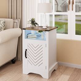 Loheer - LED Nightstand with Charging Station, Farmhouse Wooden Bedside Table, White and Rustic Oak - Rustic White