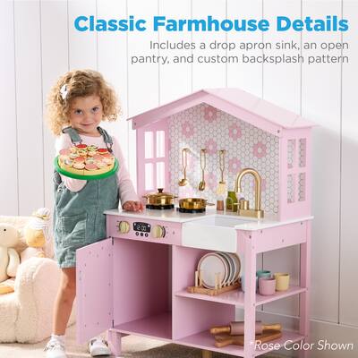 Farmhouse Wooden Play Kitchen Toy Set For Kids w/ Chalkboard, Storage Shelves, 5 Accessories - Beveled White - Best Choice Products Online Farmhouse Wooden Play Kitchen Toy Set For Kids w/ Chalkboard, Storage Shelves, 5 Accessories - Beveled White - Best Choice Products Online