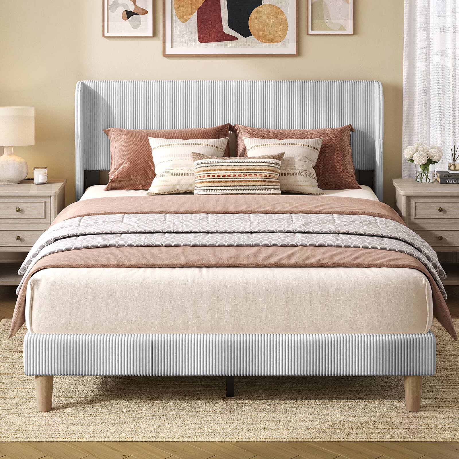 Left. Bestier - Wood Frame Corduroy Upholstered Platform Bed Frame with Wingback Headboard - Light Grey.