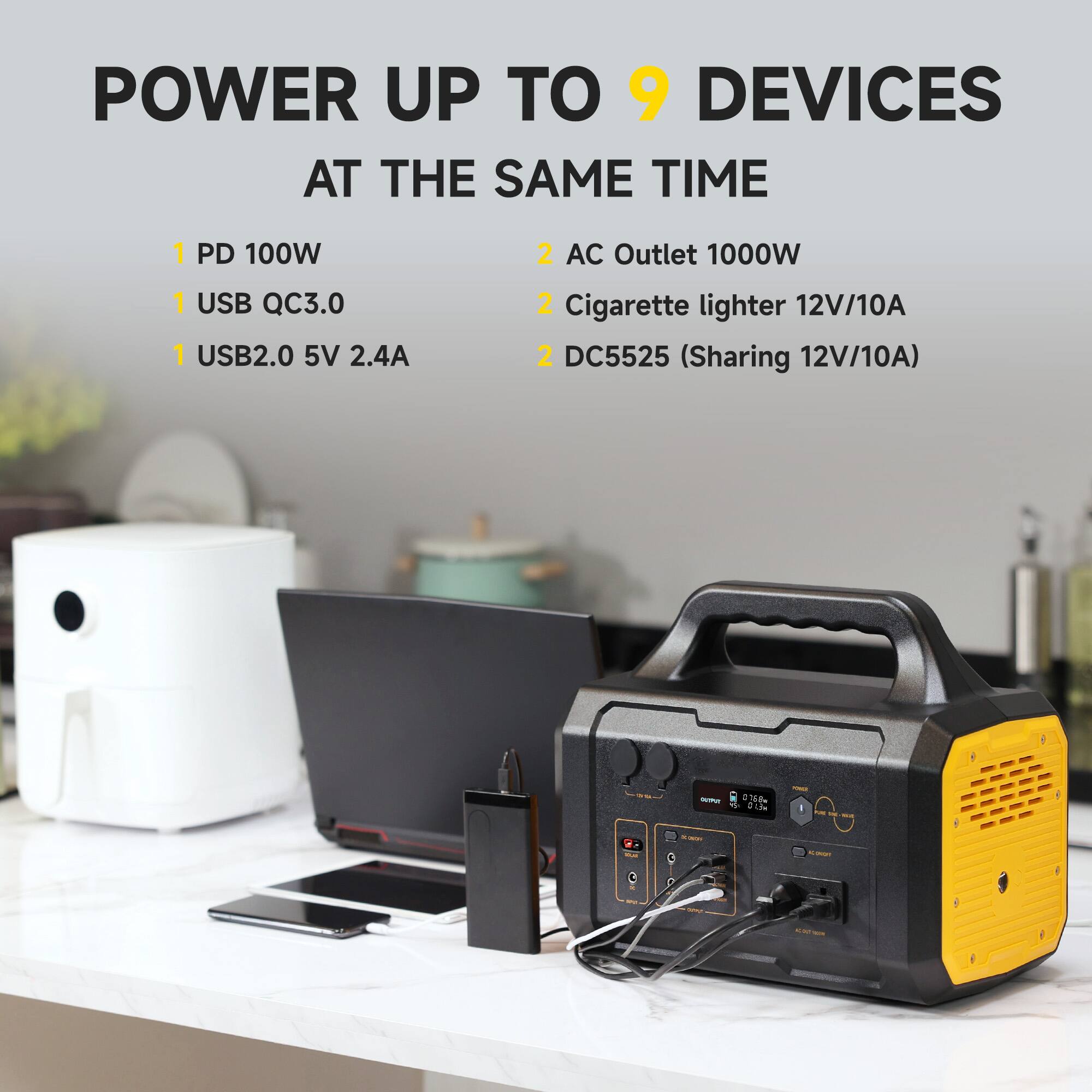 POWER UP TO 9 DEVICES AT THE SAME TIME

1 PD 100W  
1 USB QC3.0  
1 USB2.0 5V 2.4A  
2 AC Outlet 1000W  
2 Cigarette lighter 12V/10A  
2 DC5525 (Sharing 12V/10A)