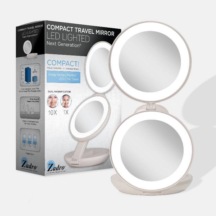 COMPACT TRAVEL MIRROR  
LED LIGHTED  
Next Generation™  

COMPACT!  
Energy Saving  
Perfect LEDs for Travel  

DUAL MAGNIFICATION  
10X 1X  

Zadro