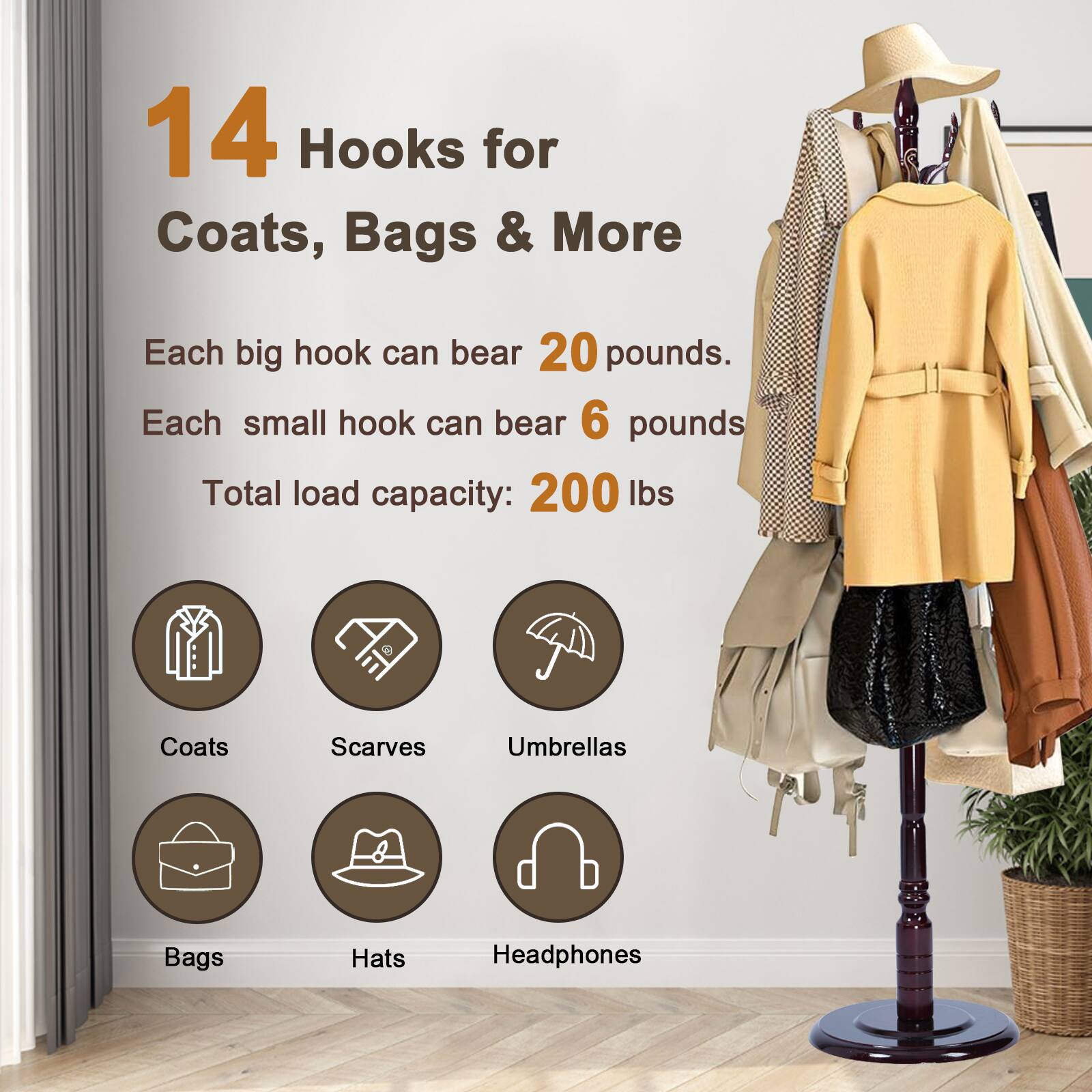 Alt View 1. Chateau Abodes - Solid Wood Coat Rack, Free Standing Hall Coat Tree with 14Hooks, 3 Height Options, 300lbs Load, Stury Base - Wooden Phoenix Hook.