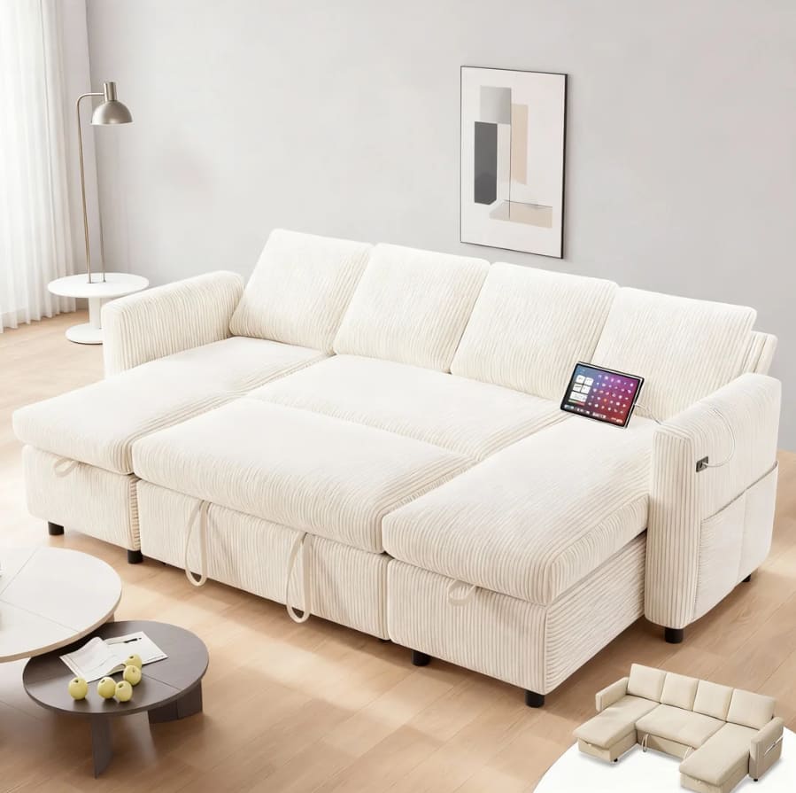 Front. Dyonery - 81" U Shaped Pull Out Couches for Living Room with Storage Chaise, USB Port&Cupholder - Beige.