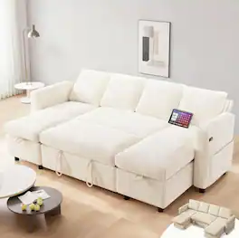 Dyonery - 81" U Shaped Pull Out Couches for Living Room with Storage Chaise, USB Port&Cupholder - Beige