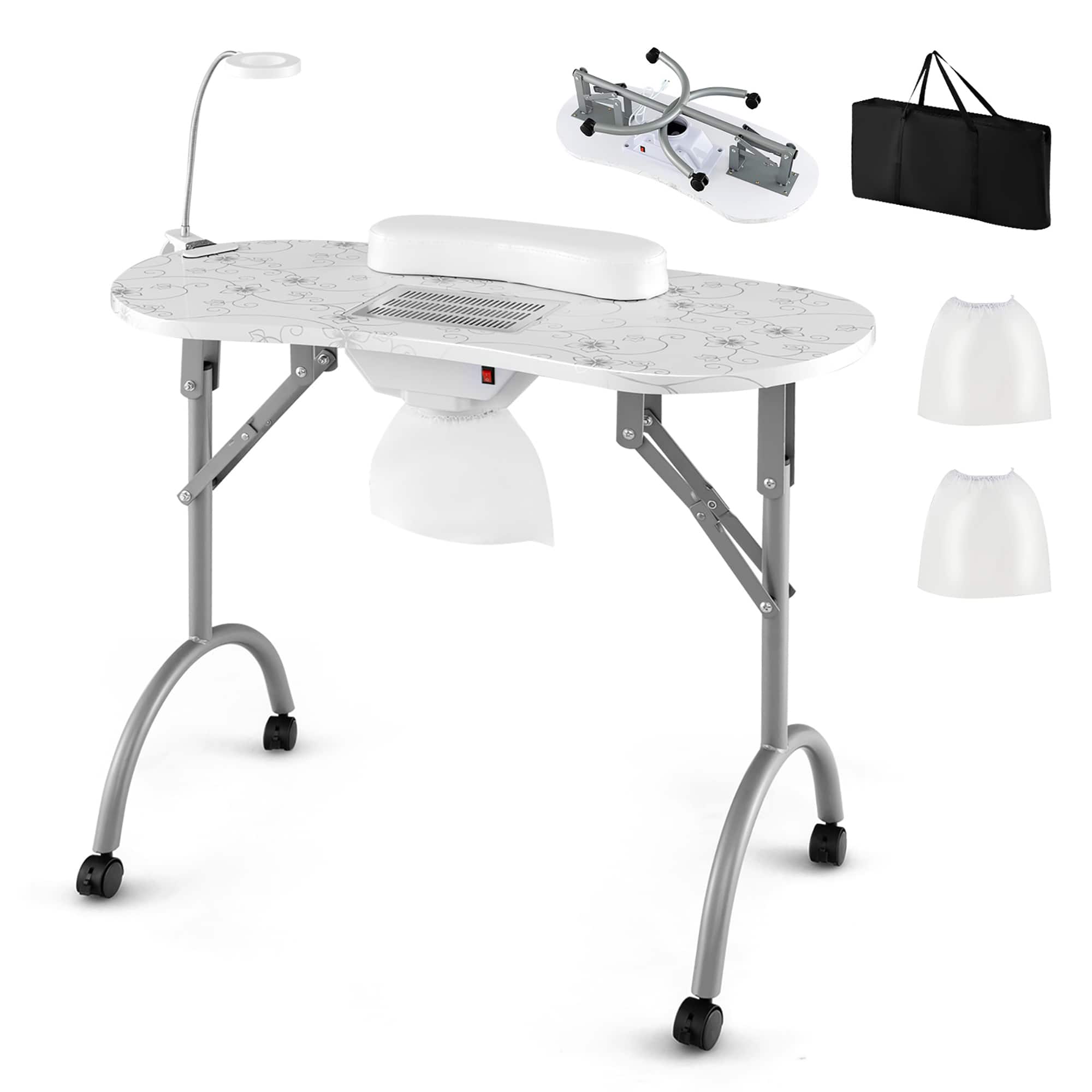Costway - Folding & Portable Manicure Table with Dust Collector LED Lamp Carry Bag - White