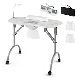 Costway - Folding & Portable Manicure Table with Dust Collector LED Lamp Carry Bag - White