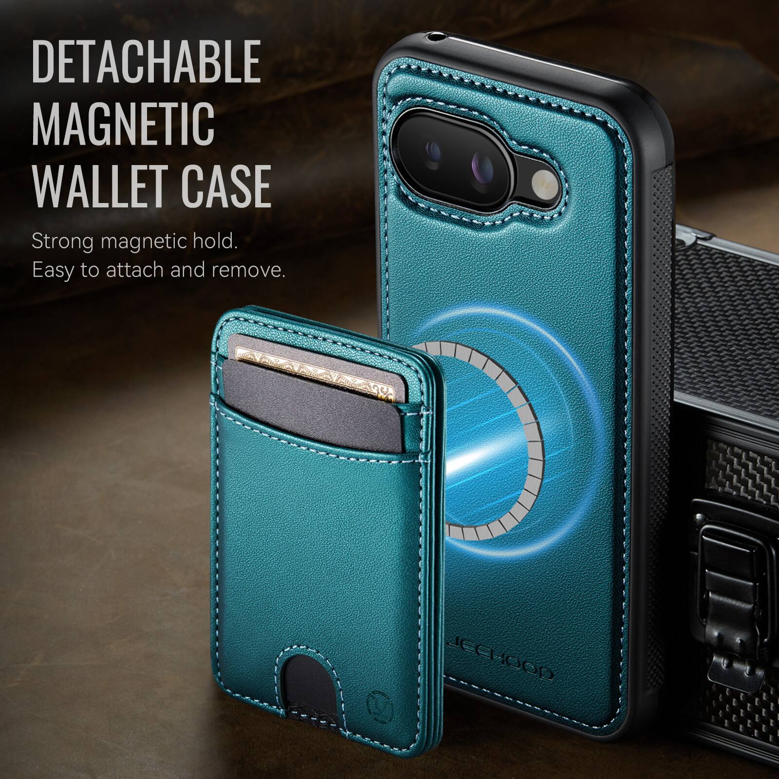 DETACHABLE MAGNETIC WALLET CASE  
Strong magnetic hold.  
Easy to attach and remove.  

JECHOOD