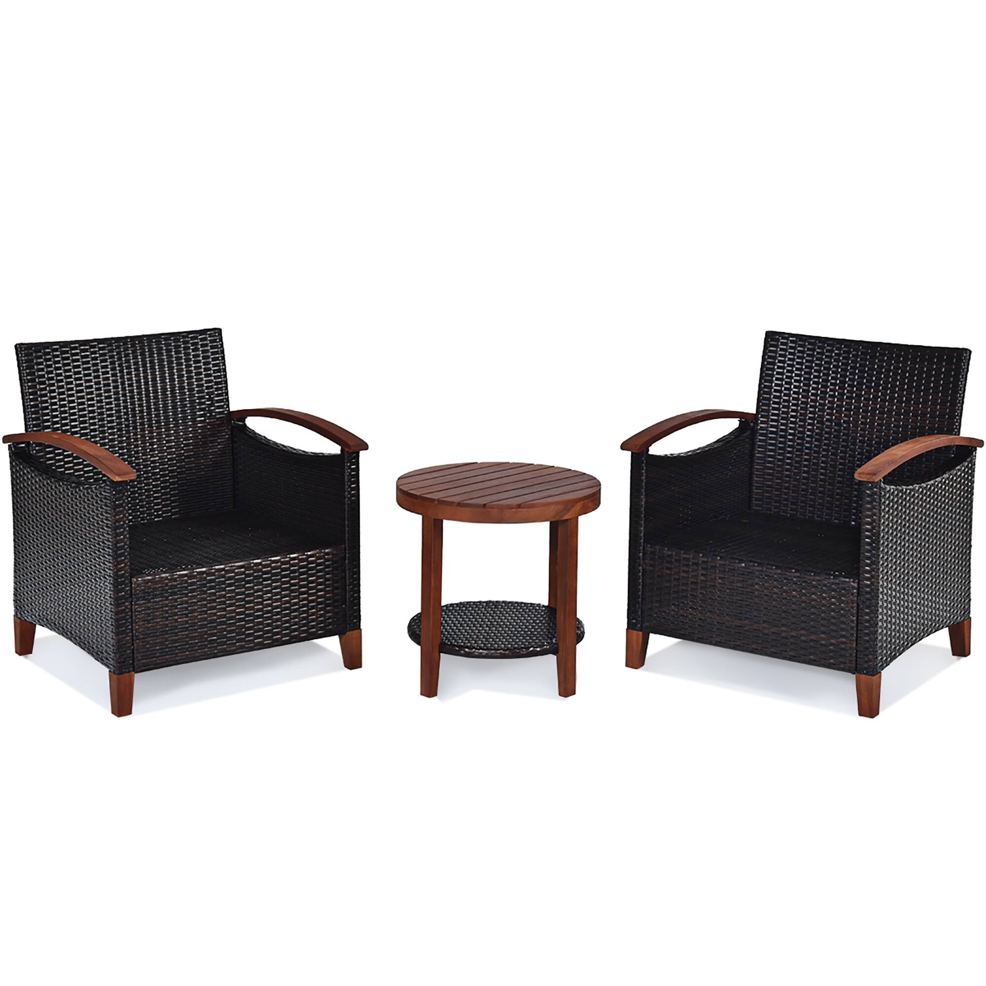 Alt View 7. Costway - Costway 3PCS Patio Rattan Furniture Set Solid Wood Frame Cushion Sofa Round Table Shelf - Blue.