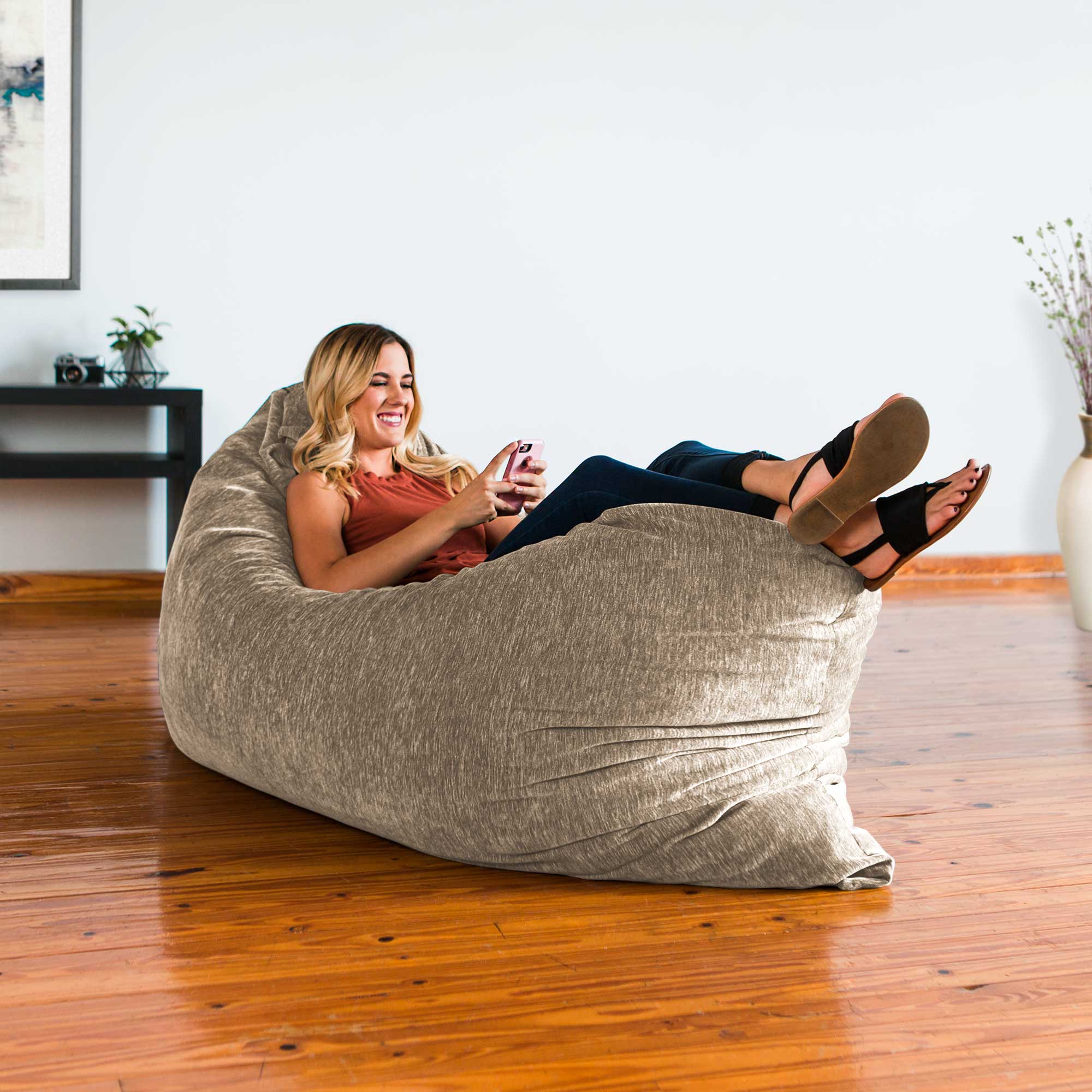 Left. Jaxx - Jaxx 5.5 ft Pillow Saxx Foam Bean Bag Pillow, Premium Chenille Cover, Beige - Premium Chenille - Beige.
