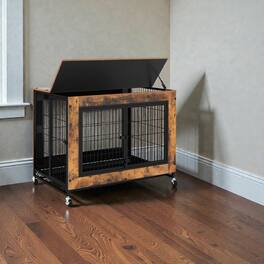 Hivvago - Industrial Dog Cage with Upward-Opening Lid, 3 Lockable Entrances, and Pull-Out Tray - Rustic Brown
