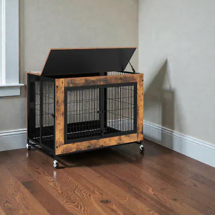 Front. Hivvago - Industrial Dog Cage with Upward-Opening Lid, 3 Lockable Entrances, and Pull-Out Tray - Rustic Brown.