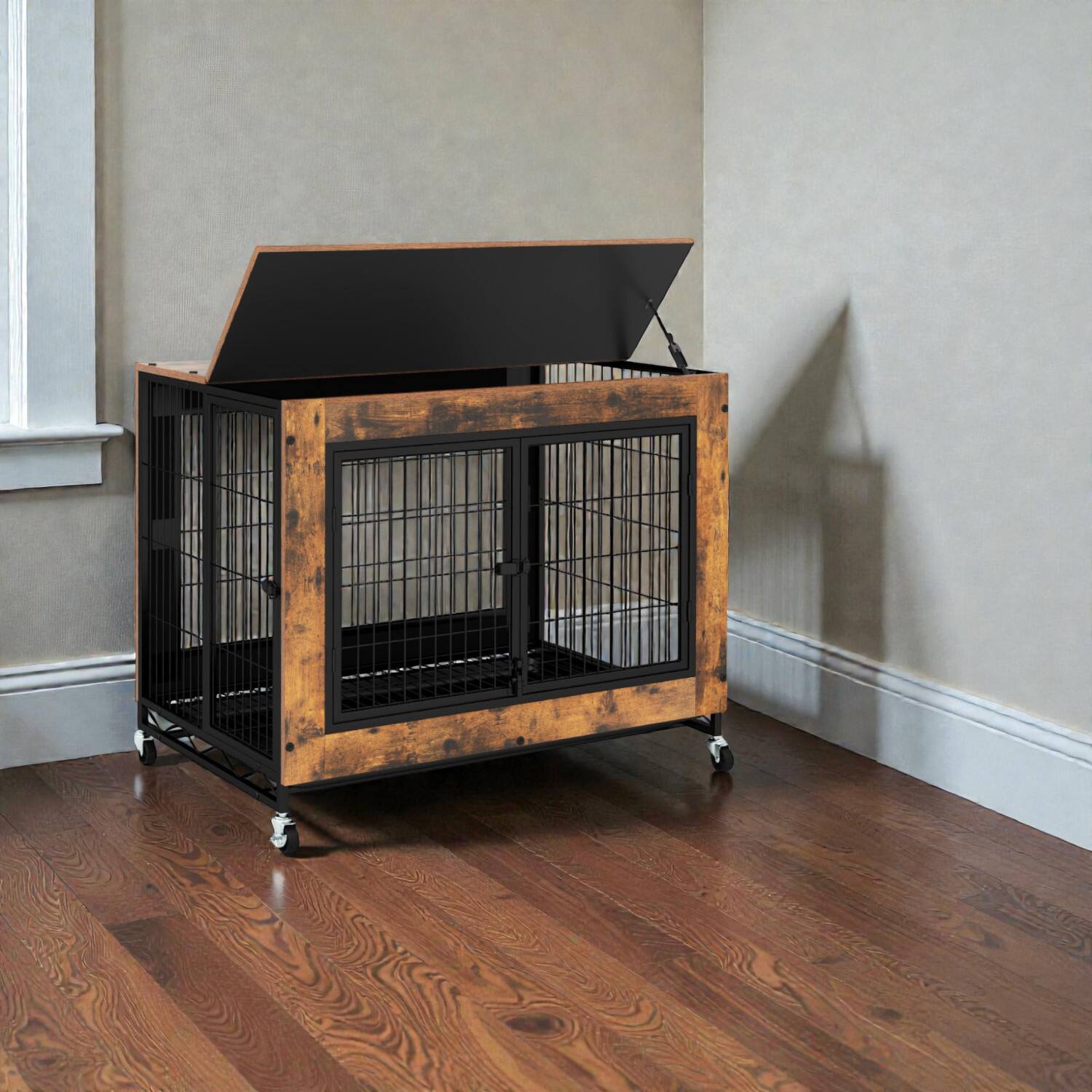 Front. Hivvago - Industrial Dog Cage with Upward-Opening Lid, 3 Lockable Entrances, and Pull-Out Tray - Rustic Brown.