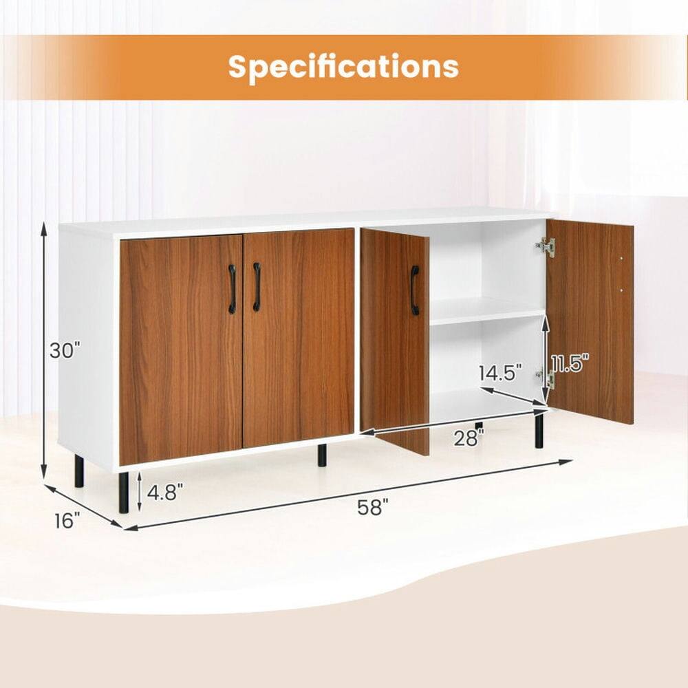 Specifications

- Height: 30"
- Depth: 16"
- Width: 58"
- Cabinet Door Height: 28"
- Cabinet Door Width: 14.5"
- Shelf Height: 11.5"
- Bottom Shelf Height from Floor: 4.8"