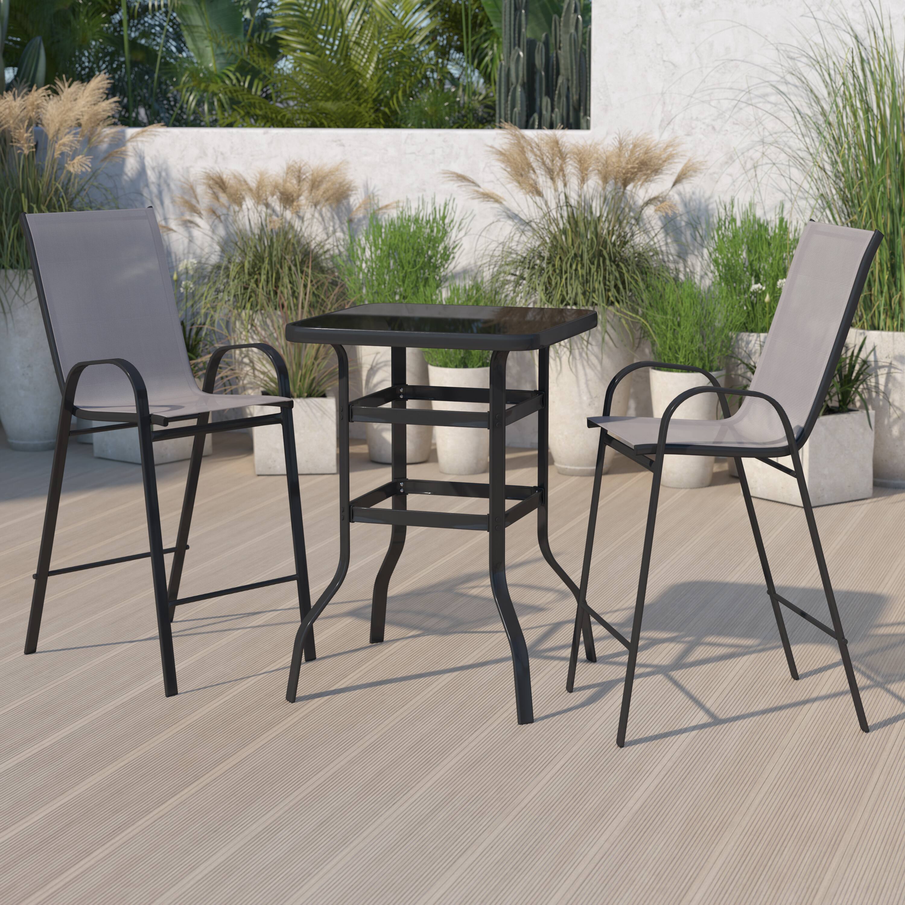 Alt View 1. Emma + Oliver - 3 Piece Outdoor Bar Height Set-Glass Patio Bar Table-All-Weather Barstools - Gray.