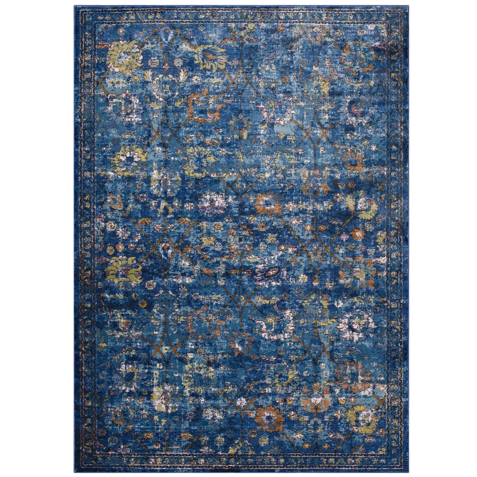 Angle. Modway - Minu Distressed Floral Lattice Area Rug - Dark Blue Yellow and Orange.