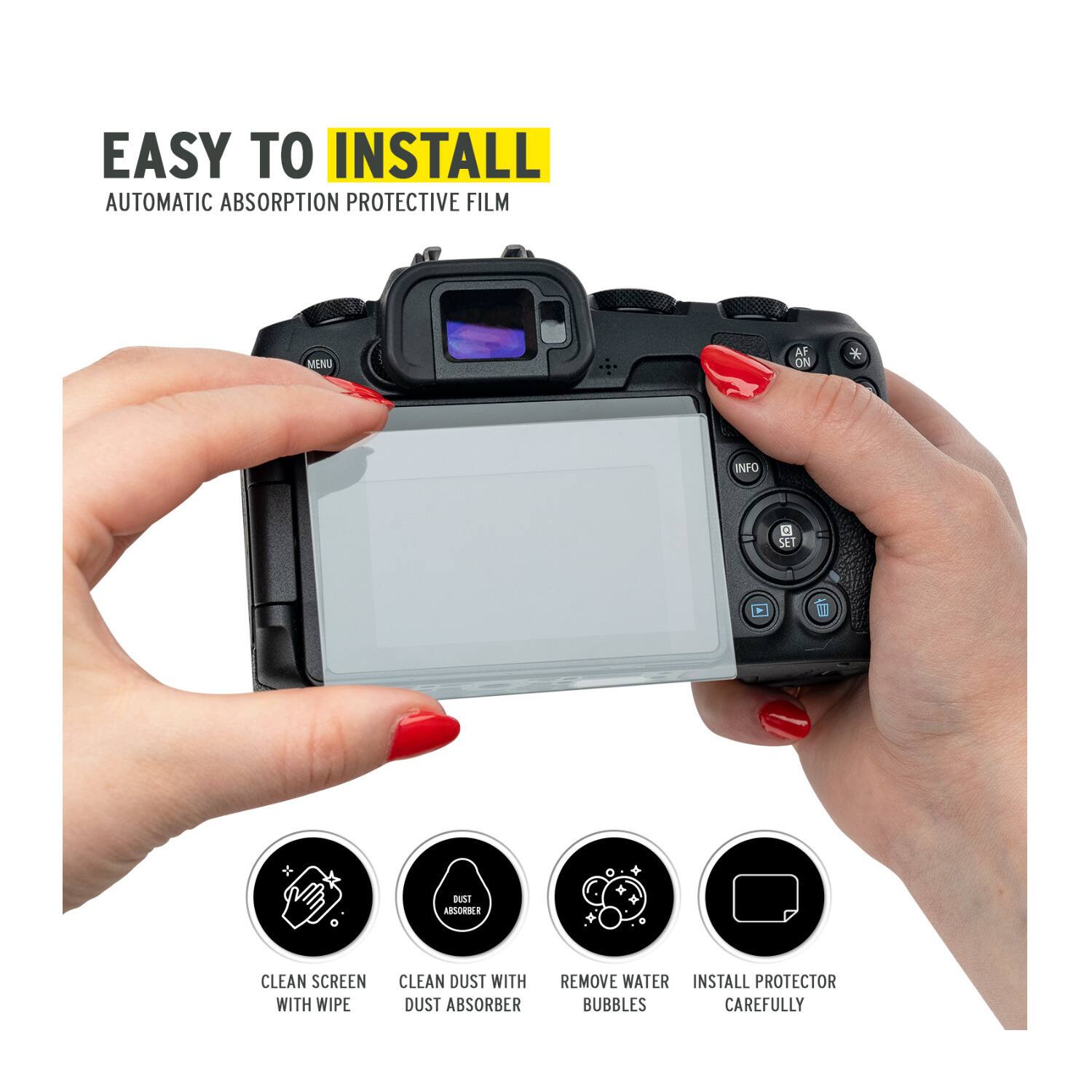 Easy to install automatic absorption protective film. Menu AF on * info. Clean screen with wipe. Clean dust with dust absorber. Remove water with water absorber. Install protector bubbles carefully.