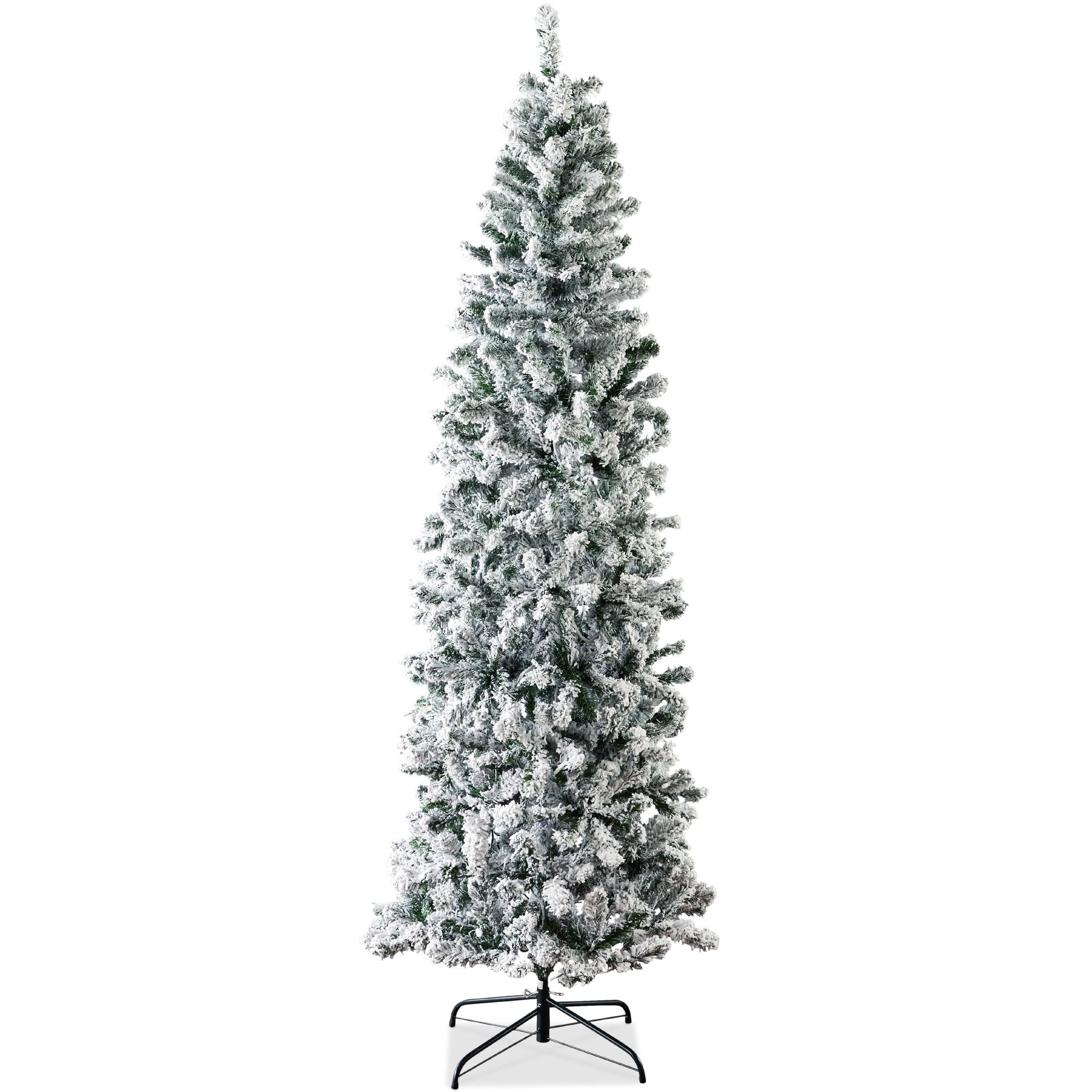 Best Choice Products - 9ft Snow Flocked Artificial Pencil Christmas Tree Holiday Decoration w/ Metal Stand - Green