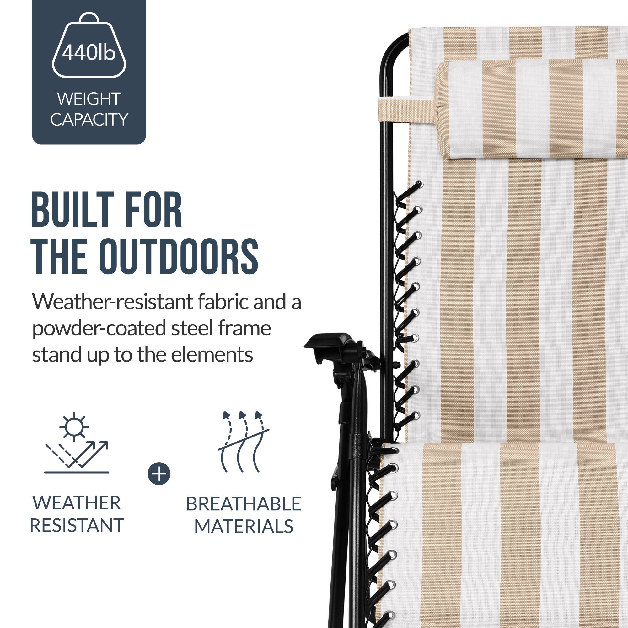 440lb WEIGHT CAPACITY  
BUILT FOR THE OUTDOORS  
Weather-resistant fabric and a powder-coated steel frame stand up to the elements  
+ WEATHER RESISTANT MATERIALS
