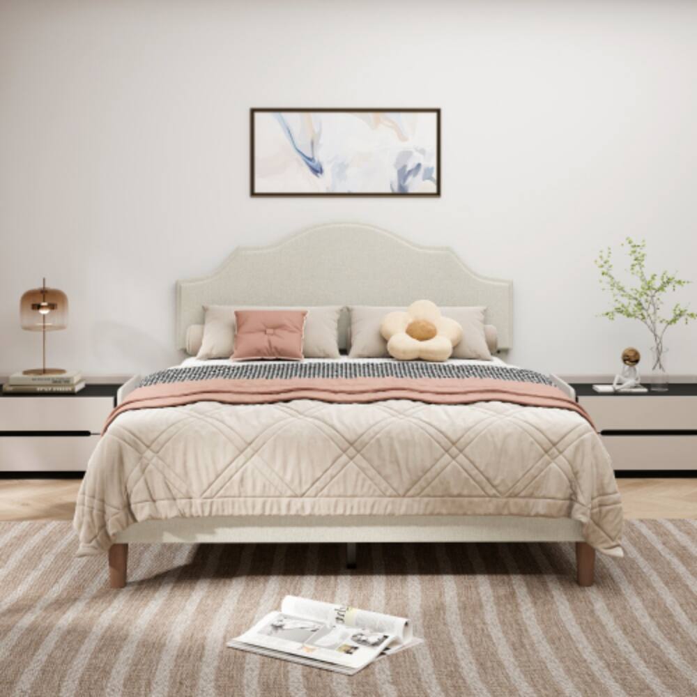 Angle. LUCKY ONE - Queen Size Platform Bed with Adjustable Headboard - No Box Spring Needed, 1000 lbs Cap - Beige.