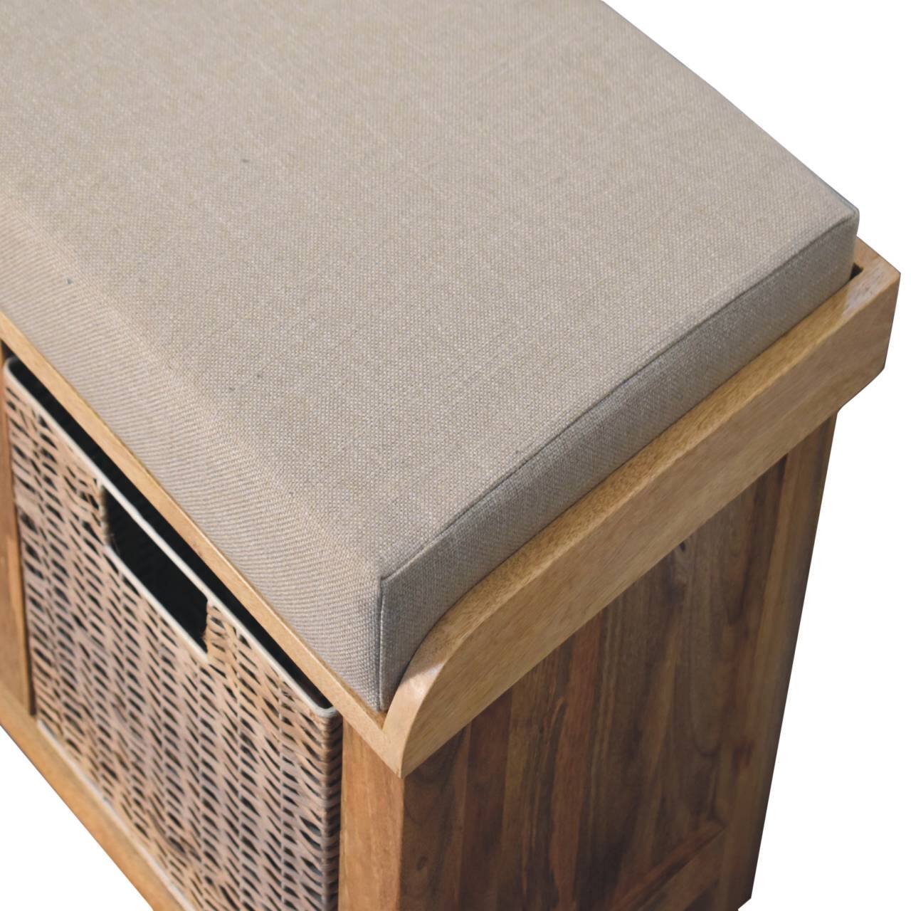 Alt View 2. Artisan Furniture - Artisan Furniture Solid Wood Rattan Basket Linen Bench, Upholstered, 2 Basket, Brown & Grey - Brown & Grey.