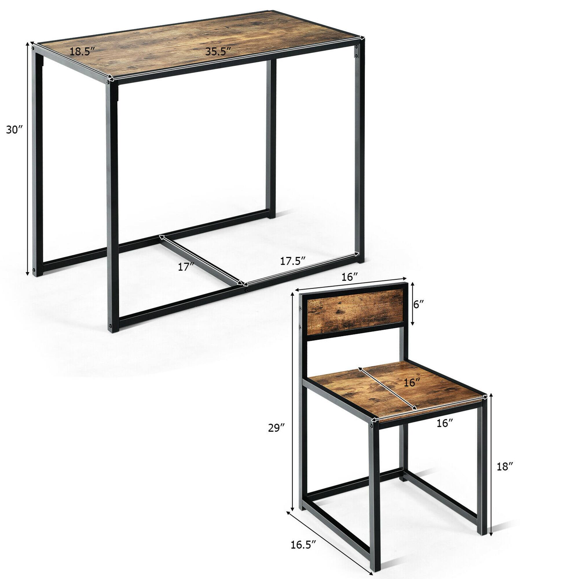 - Table:
  - Length: 35.5"
  - Width: 18.5"
  - Height: 30"
  - Diagonal: 17.5"
  - Diagonal (other side): 17"

- Chair:
  - Seat Height: 16"
  - Seat Depth: 16"
  - Back Height: 6"
  - Overall Height: 29"
  - Width: 18"
  - Depth: 16.5"