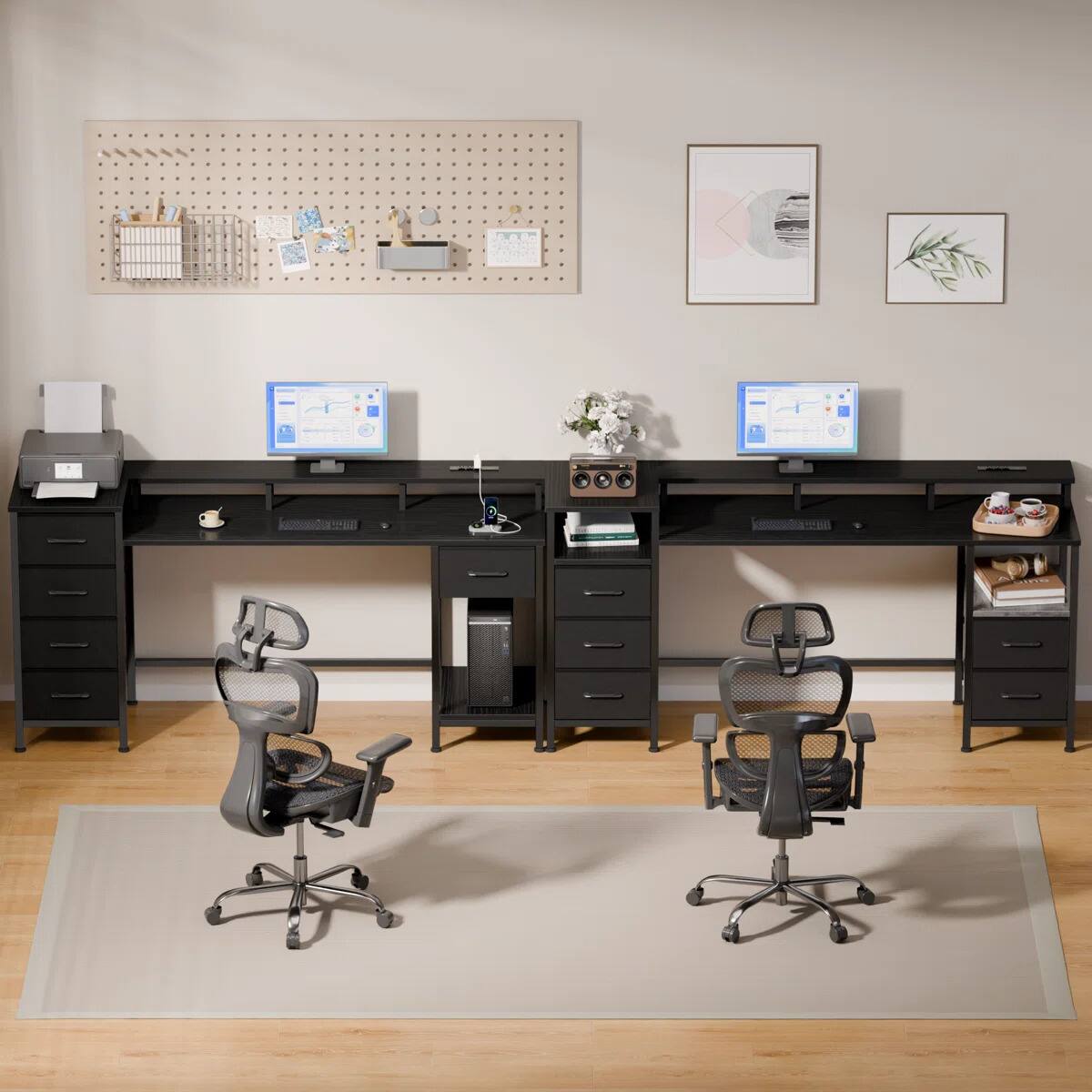 Alt View 4. Furnulem - 55 Inches Computer Desk with Monitor Stand Charging Station  LED Lights Gaming Desk with Drawers for Home Office - Black.