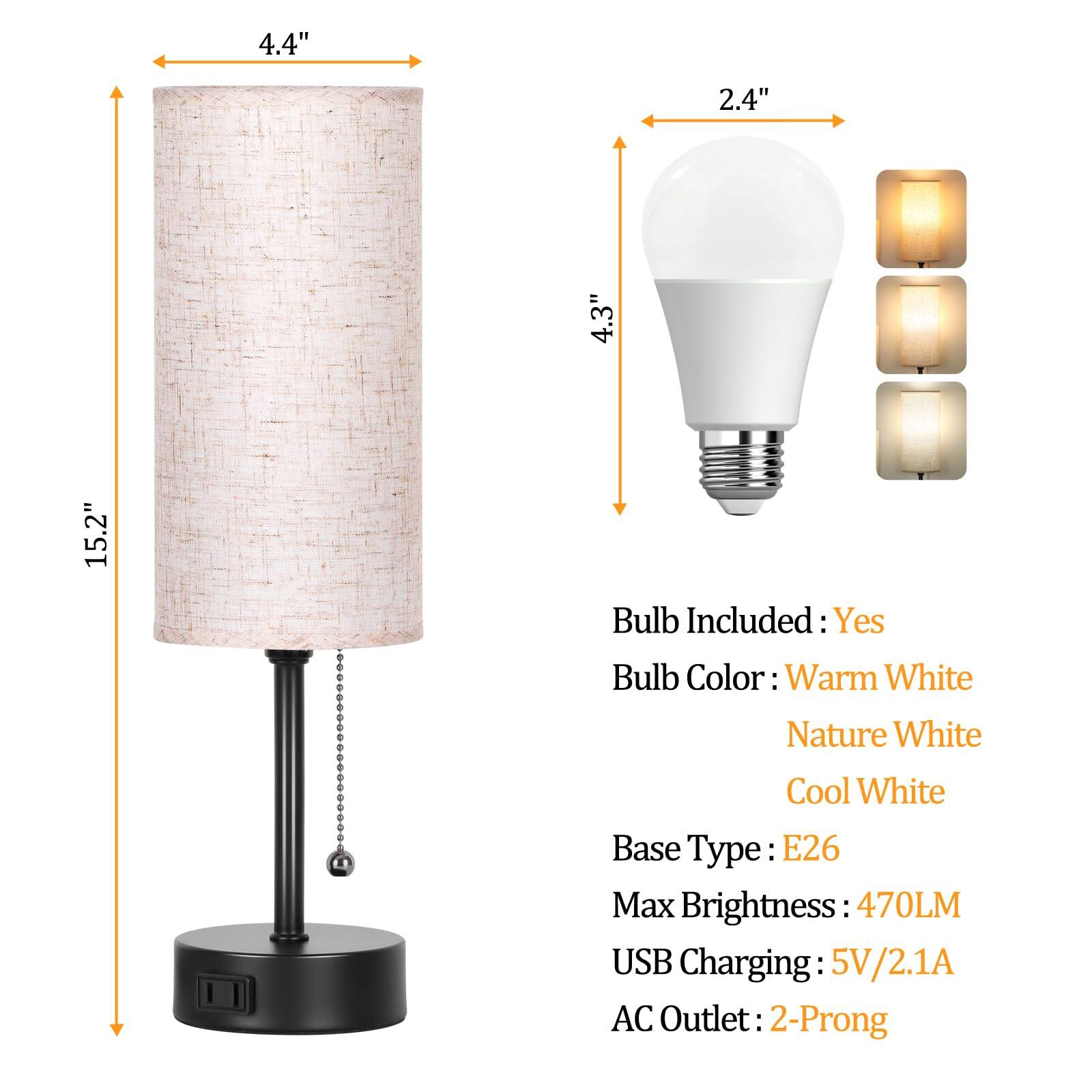 - **Dimensions:**
  - Height: 15.2"
  - Diameter: 4.4"
  - Bulb Diameter: 2.4"
  - Bulb Height: 4.3"

- **Features:**
  - Bulb Included: Yes
  - Bulb Color: Warm White, Nature White, Cool White
  - Base Type: E26
  - Max Brightness: 470LM
  - USB Charging: 5V/2.1A
  - AC Outlet: 2-Prong