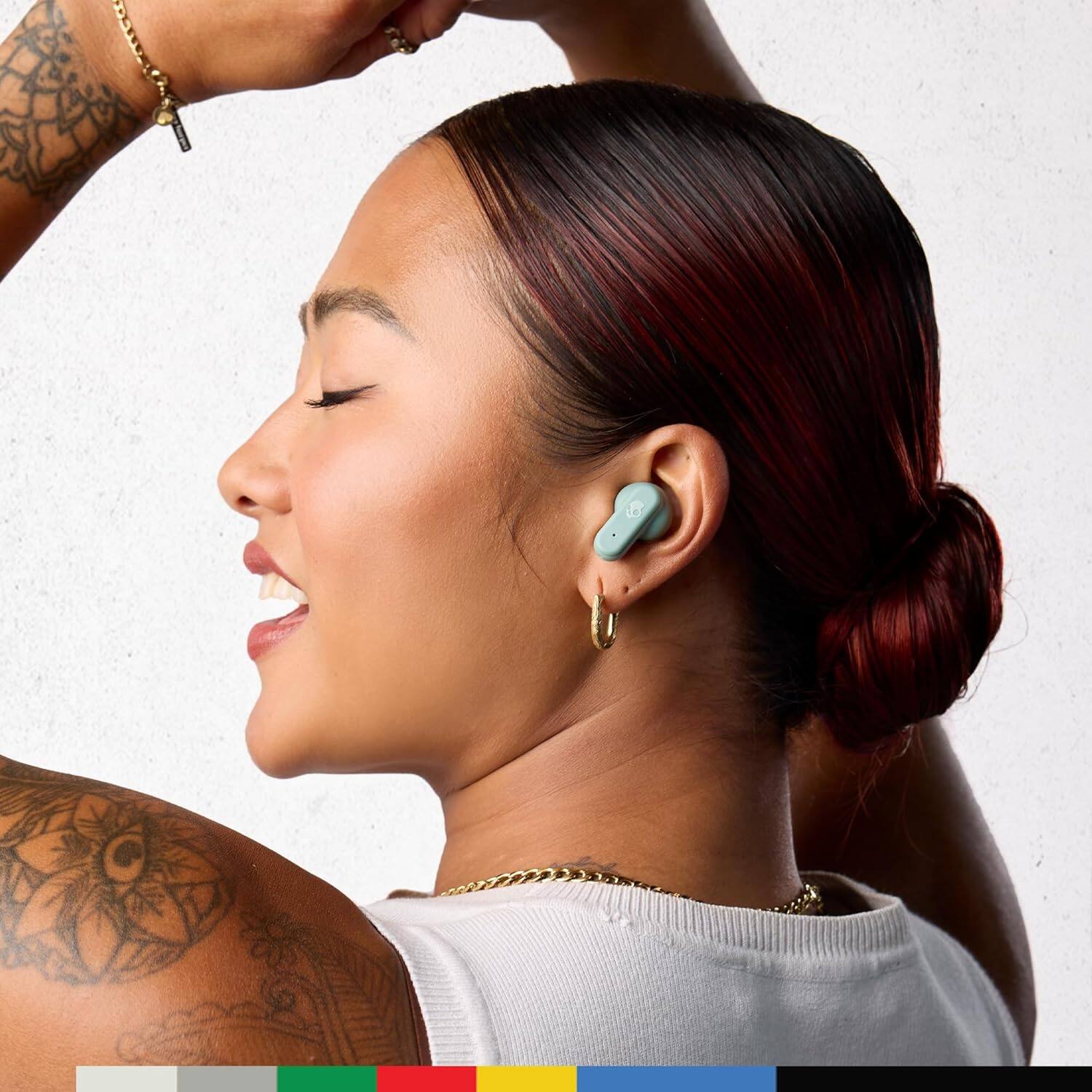 Alt View 1. Skullcandy - Dime Evo Wireless Earbuds, Bluetooth Headphones, 36 Hours Battery, Microphone, Easy Carry with Clip-Anywhere Case - Preppy Sage.