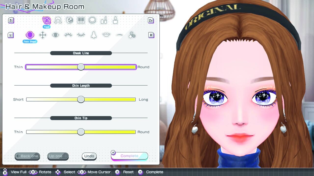 Hair & Makeup Room

Face Shape

Cheek Line
Thin Round

Chin Length
Short Long

Chin Tip
Thin Round

Back one Up one Undo Complete

View Full Rotate Select Move Cursor Reset Complete