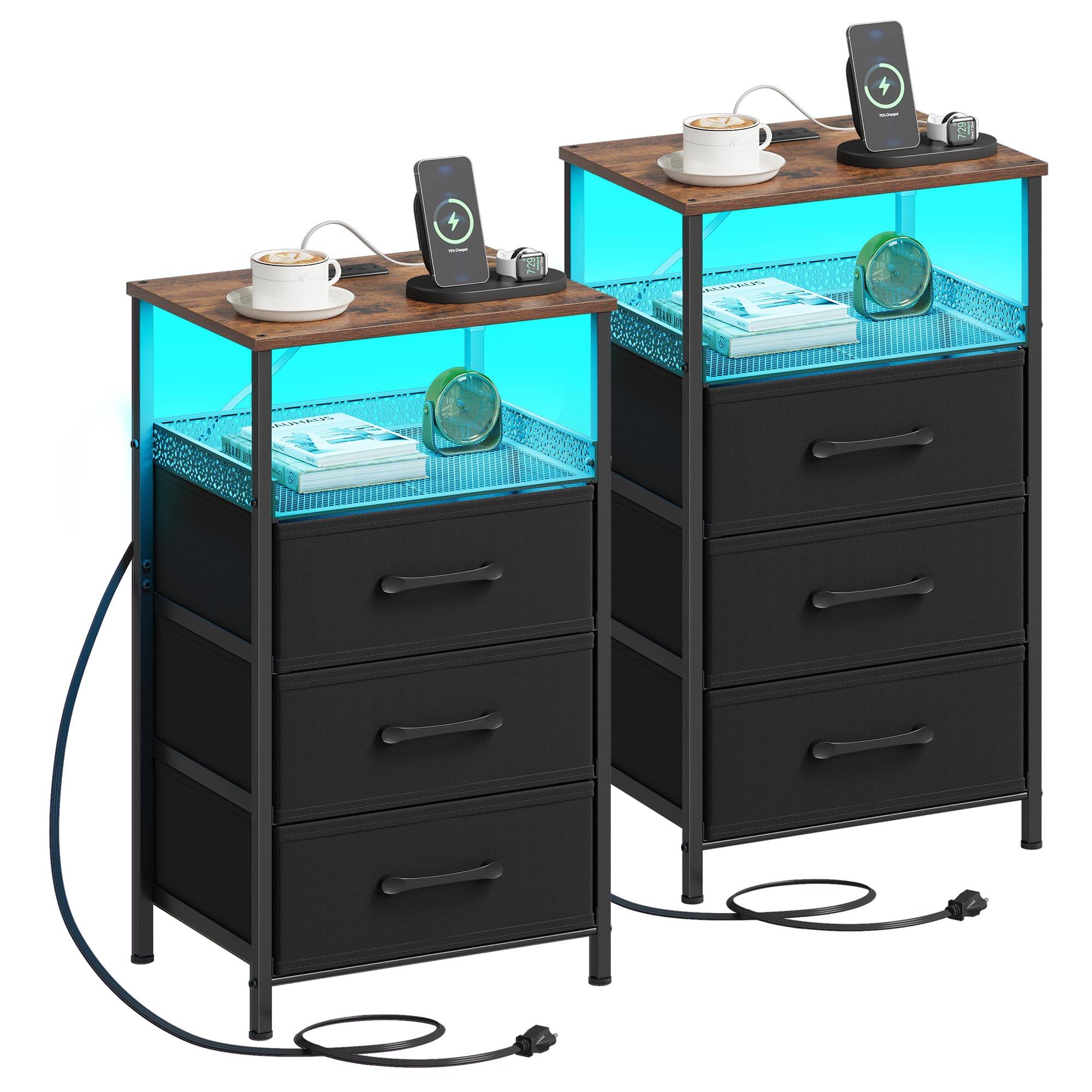 Empire DigiLabs - Night Stand Set 2 With Charging Station 3 Drawer Nightstands Led Lights End Table Outlets And Usb Ports Sid - Rustic Brown