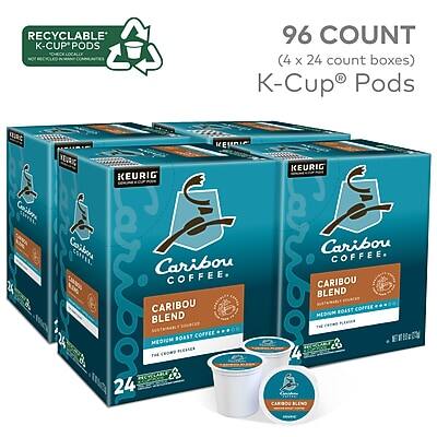 RECYCLABLE K-CUP® PODS  
96 COUNT (4 x 24 count boxes)  
K-Cup® Pods  

Caribou Coffee  
CARIBOU BLEND  
THE MEDIUM ROAST COFFEE BLEND  

Caribou Coffee  
CARIBOU BLEND  
THE MEDIUM ROAST COFFEE BLEND  

24 K-CUP® PODS