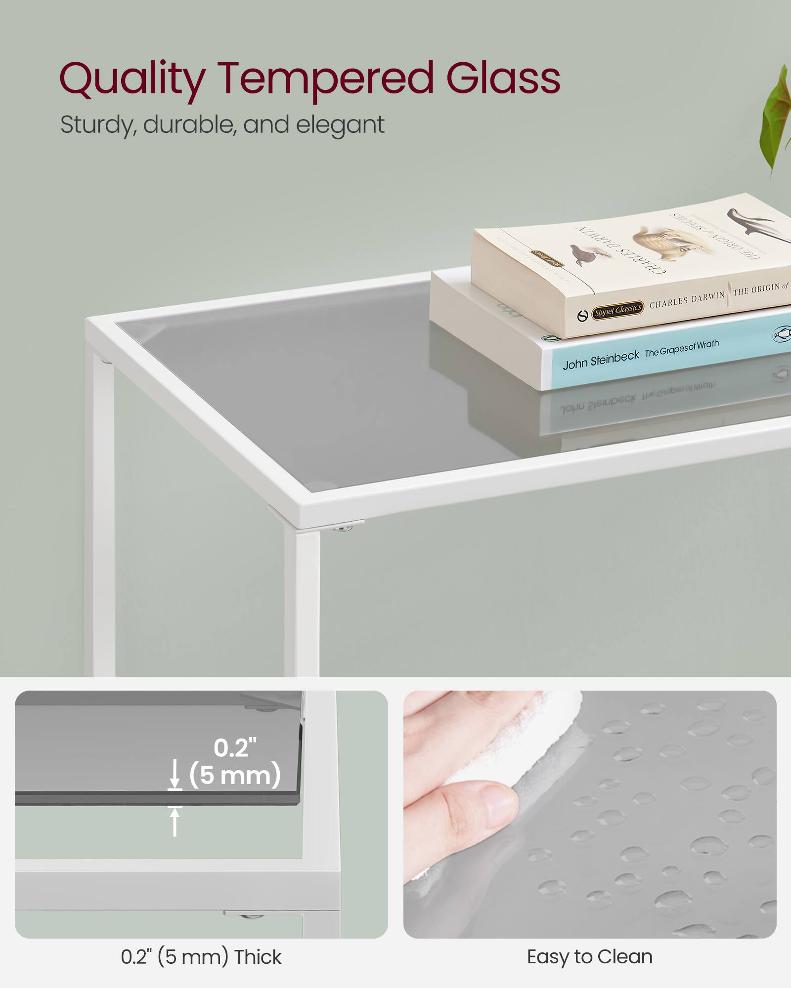 Quality Tempered Glass  
Sturdy, durable, and elegant  

0.2" (5 mm) Thick  

Easy to Clean  

Charles Darwin - The Origin of Species  
John Steinbeck - The Grapes of Wrath