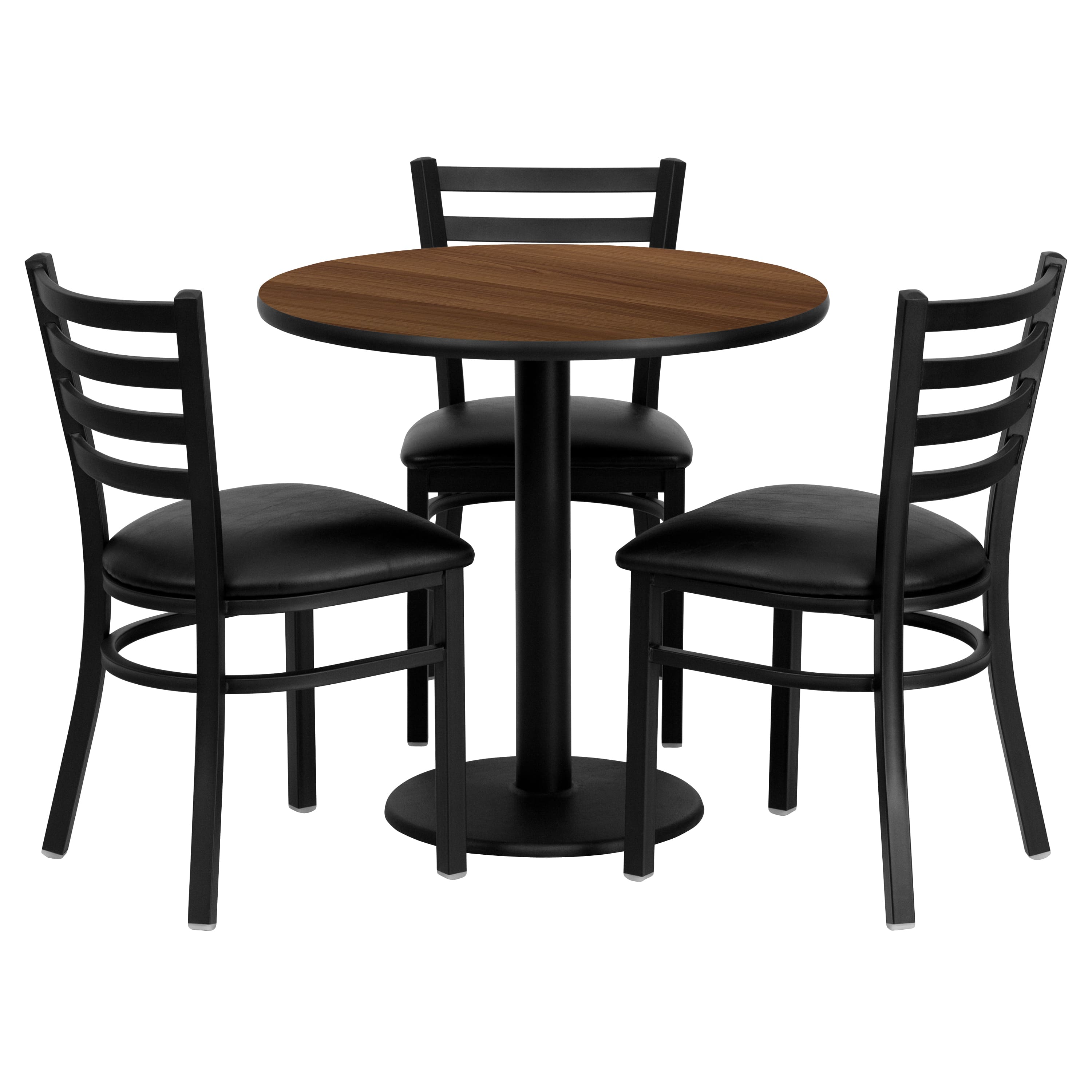 Emma + Oliver - 30'' Round Laminate Table Set with 3 Ladder Back Metal Chairs - Walnut