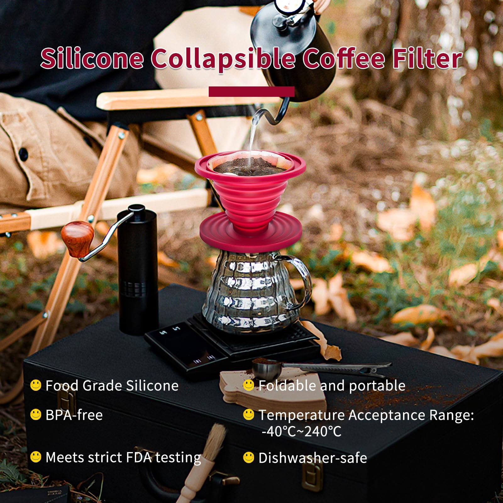 Silicone Collapsible Coffee Filter

- Food Grade Silicone
- BPA-free
- Meets strict FDA testing
- Foldable and portable
- Temperature Acceptance Range: -40°C~240°C
- Dishwasher-safe