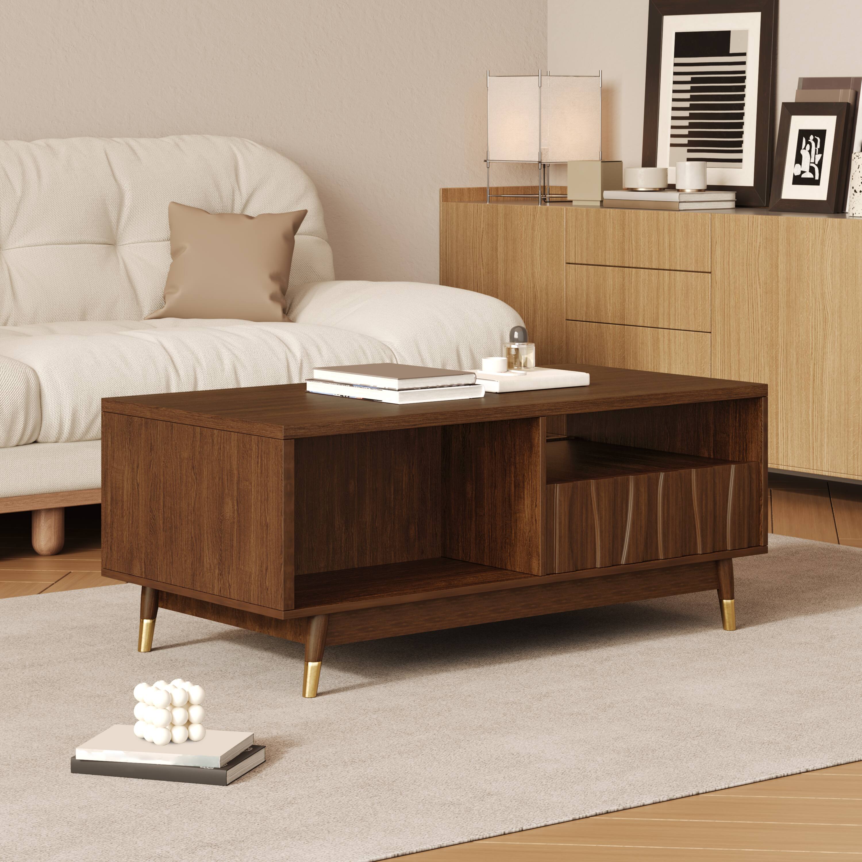 Alt View 3. MSOOB - 47" Mid Century Modern Wooden Coffee Table Suitable with 2 Drawers and Open Storage for Living Room Apartment - brown.