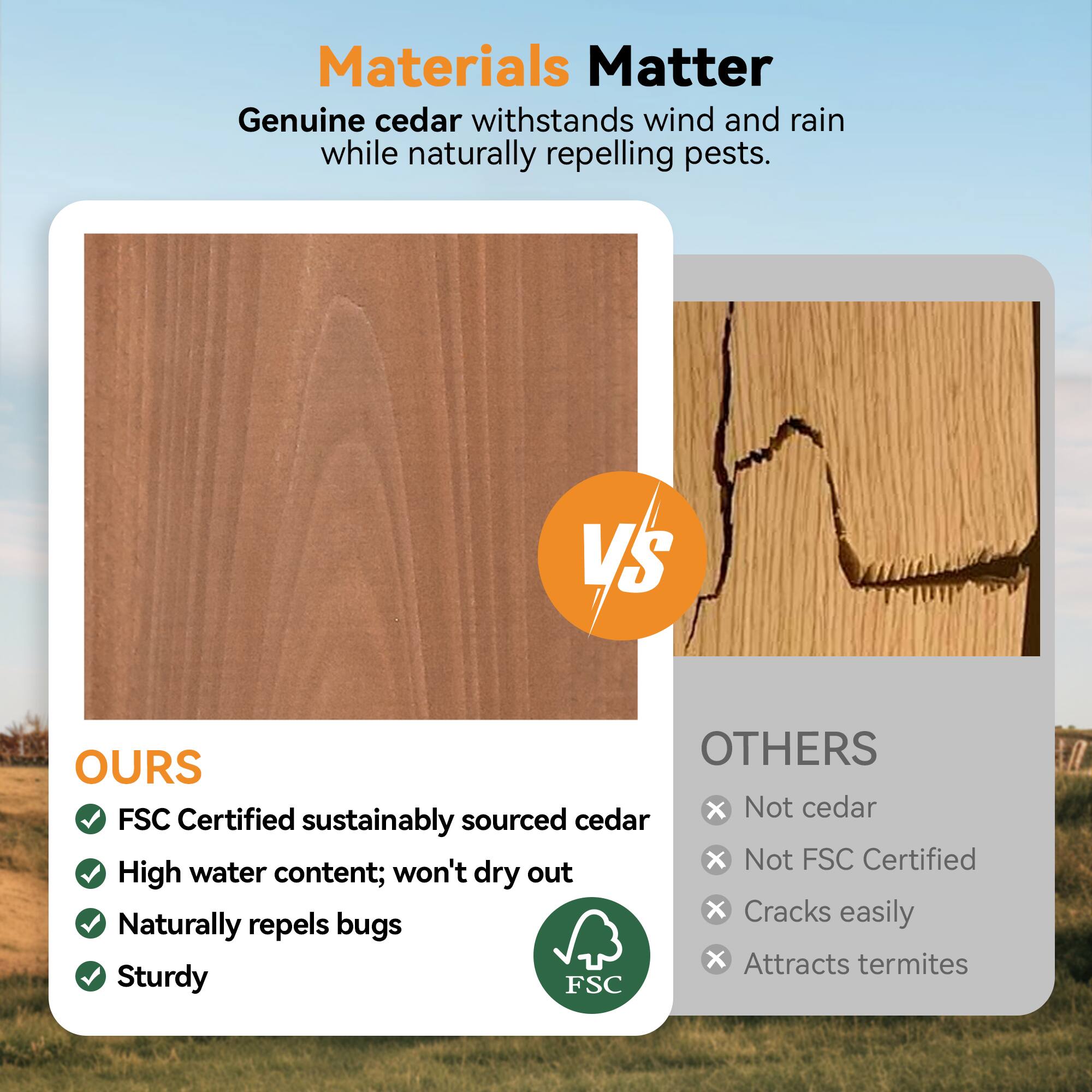 Materials Matter  
Genuine cedar withstands wind and rain while naturally repelling pests.

**OURS**  
- FSC Certified sustainably sourced cedar  
- High water content; won't dry out  
- Naturally repels bugs  
- Sturdy  

**VS**  

**OTHERS**  
- Not cedar  
- Not FSC Certified  
- Cracks easily  
- Attracts termites