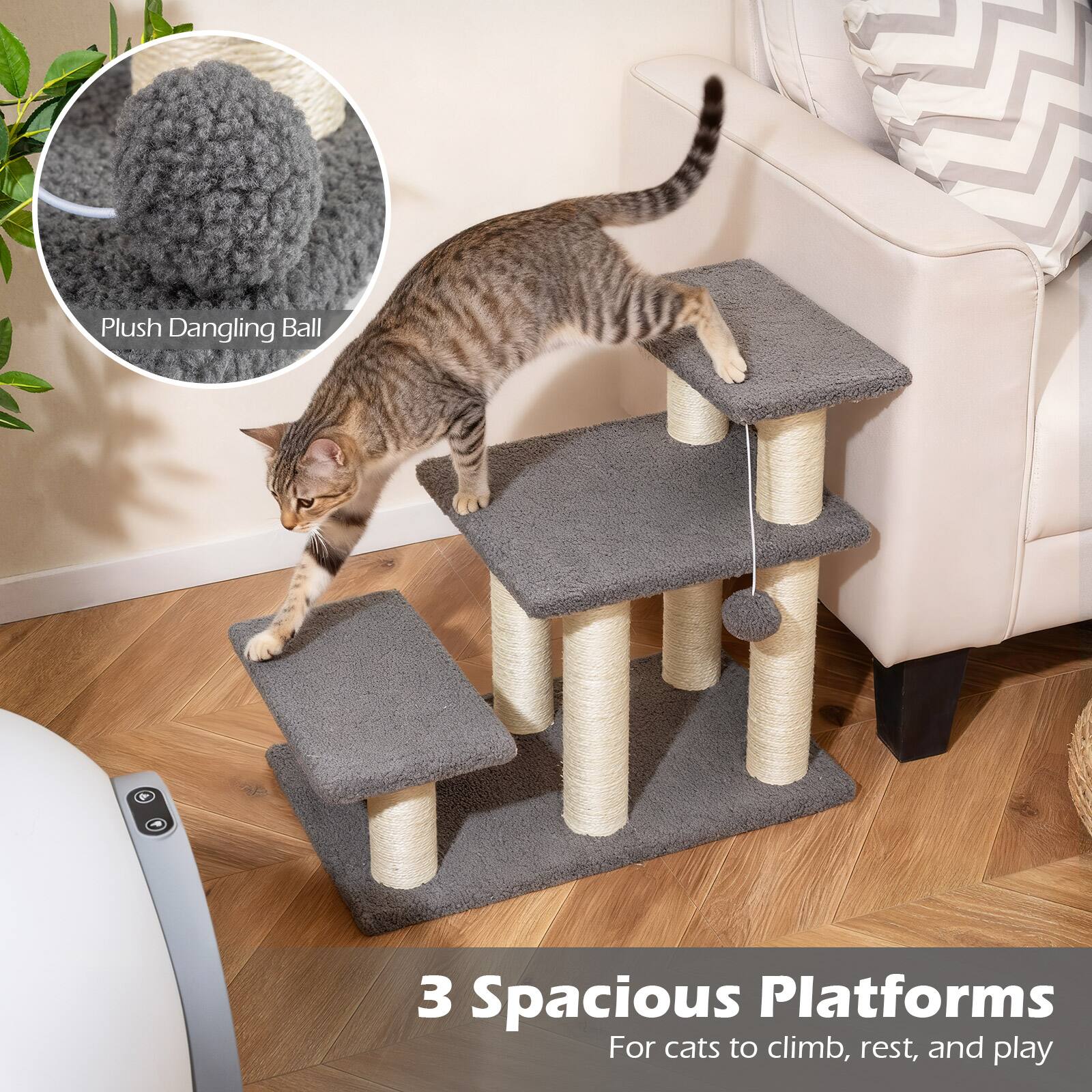 Plush Dangling Ball

3 Spacious Platforms  
For cats to climb, rest, and play