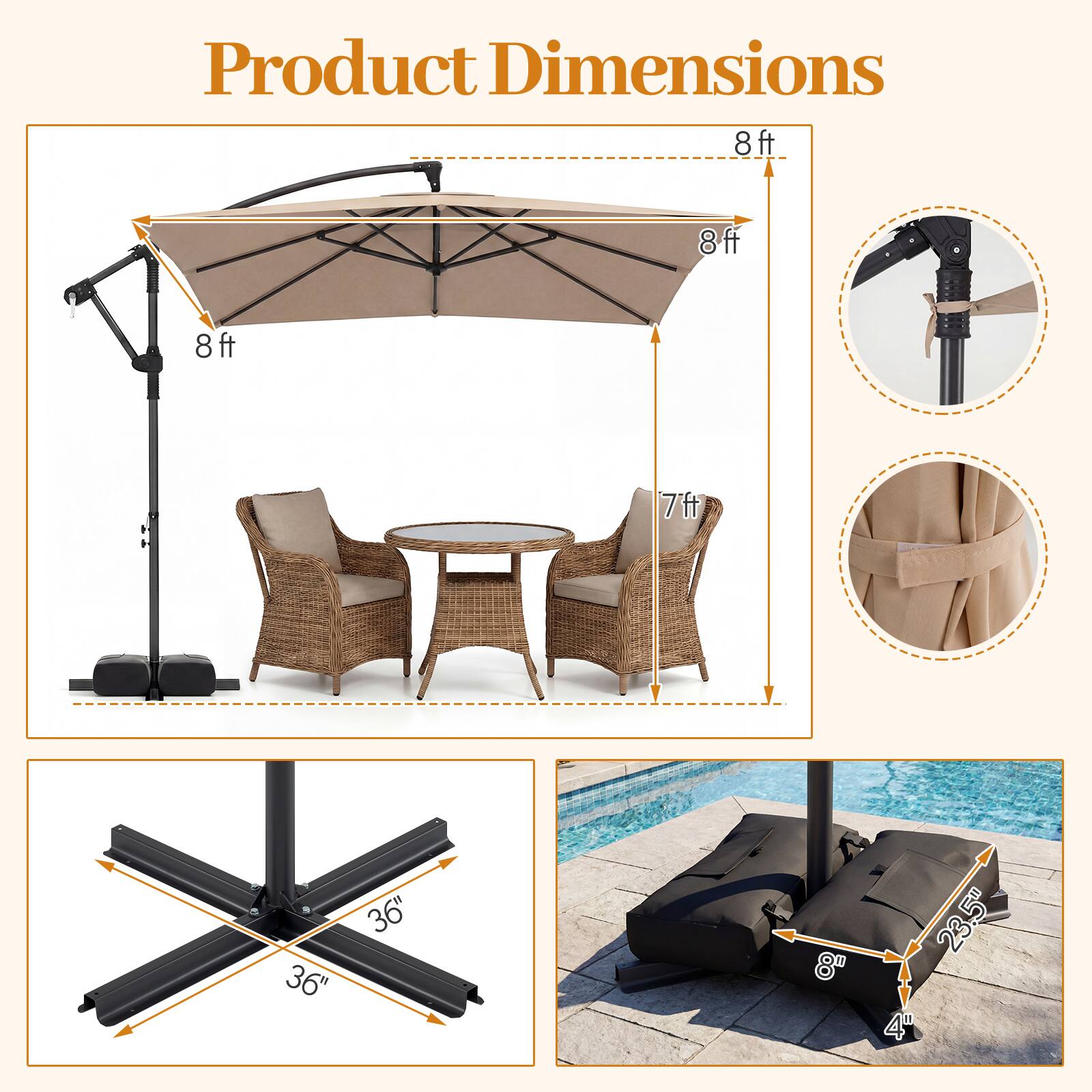 Product Dimensions: 8ft, 8ft, 8ft, 7ft, 36", 36", 8", 23.5", 4"