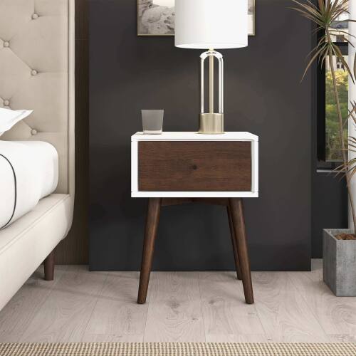 Angle. LUCKY ONE - 22.5" Assembled Mid Century Nightstand 1-Drawer Solid Wood - Dark Brown,White.