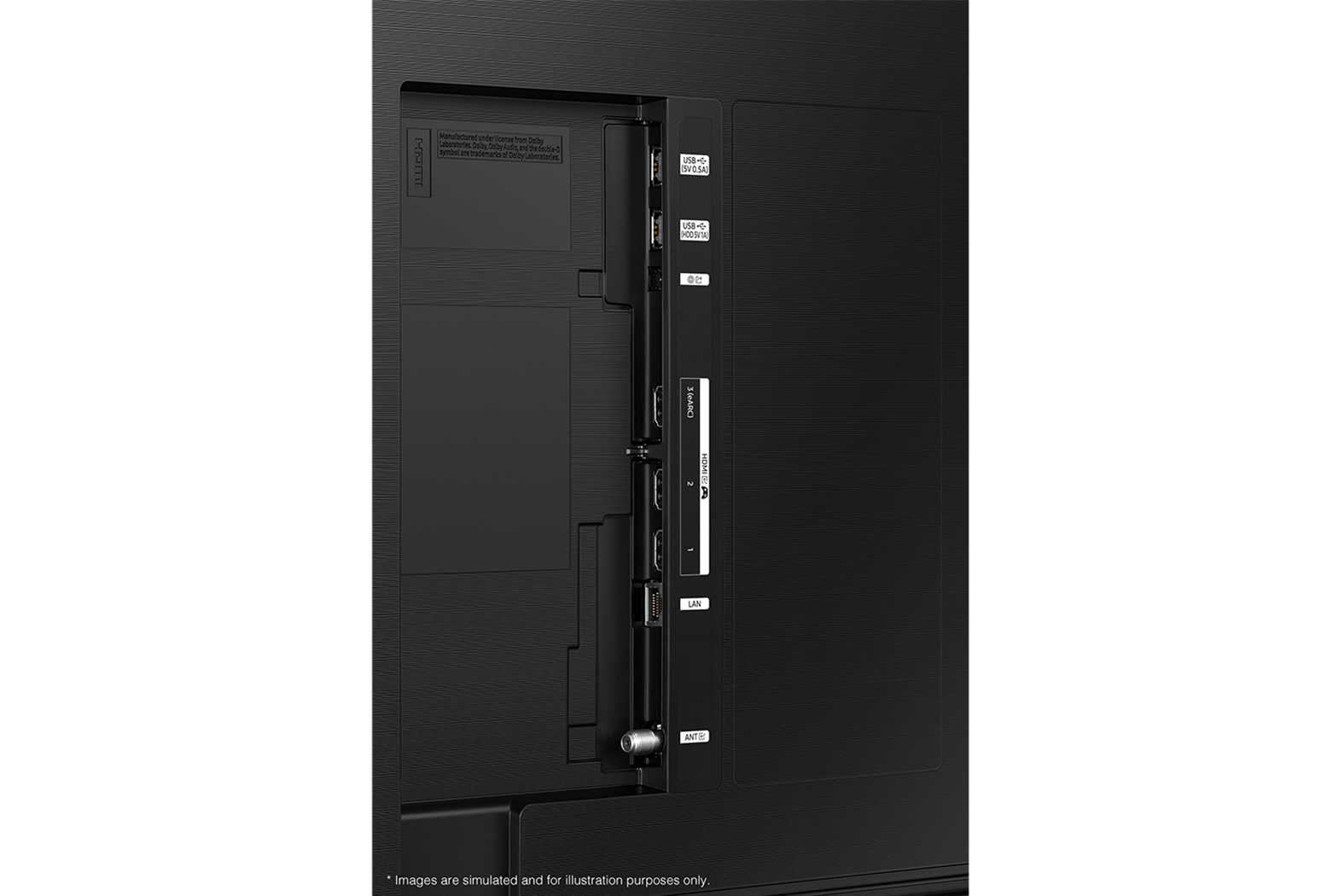 The text on the image reads: "When properly configured, this device can be used to connect to a computer via USB-A and USB-B ports. It also has a 3.5mm headphone jack and a 10/100/1000 Mbps Ethernet port. Images are simulated and for illustration purposes only."