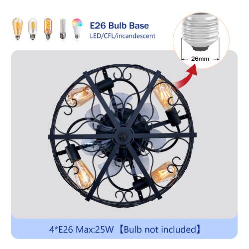 E26 Bulb Base LED/CFL/incandescent 26mm  
4*E26 Max:25W  
[Bulb not included]