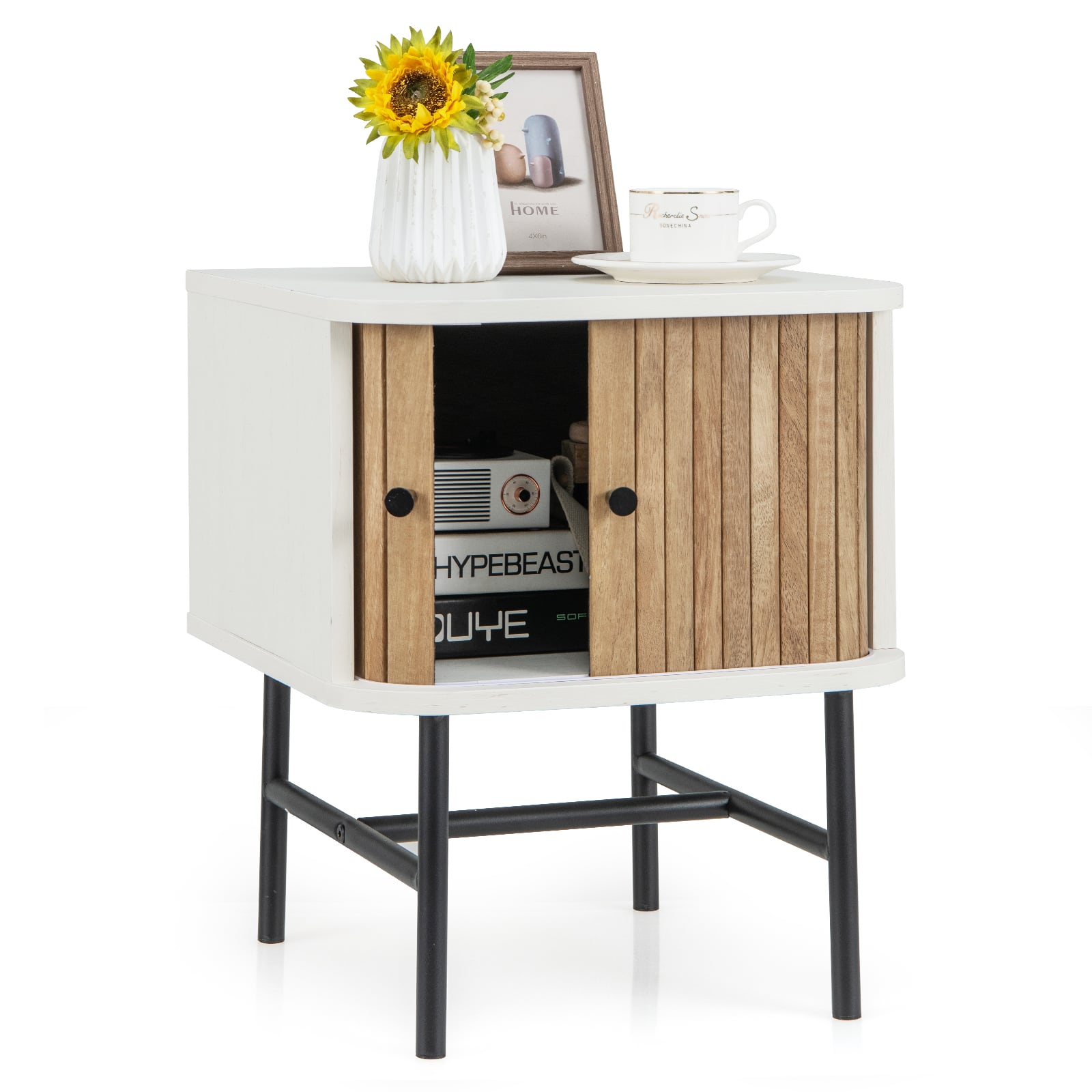 Ecooso - Mid Century Nightstand with Sliding Doors Storage Cabinet Bedside End Side Table for Bedroom - White