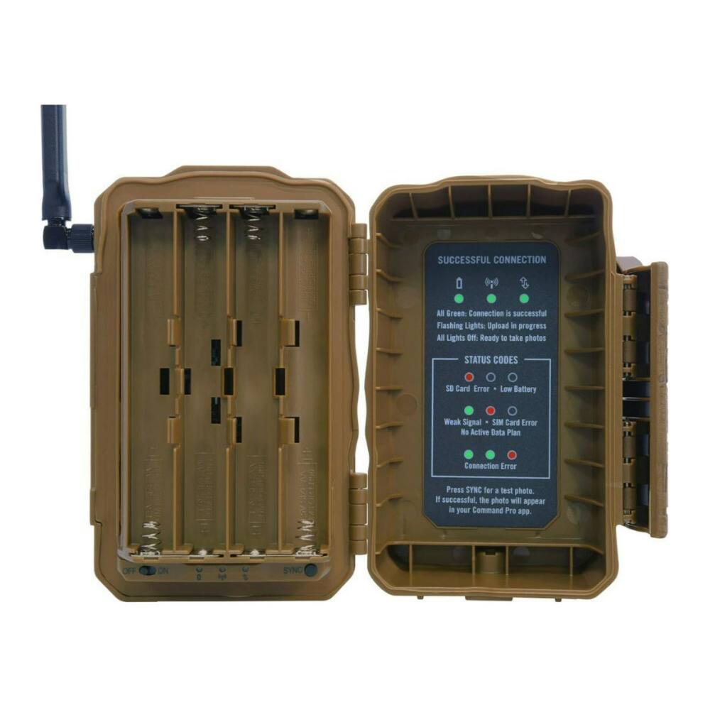 **SUCCESSFUL CONNECTION**

- All Green: Connection is successful
- Flashing Lights: Upload in progress
- All Lights Off: Ready to take photos

**STATUS CODES**

- SD Card Error
- Low Battery
- Weak Signal
- SIM Card Error
- No Active Data Plan
- Connection Error

Press SYNC for a test photo. If successful, the photo will appear in your Command Pro app.

**OFF ON SYNC**