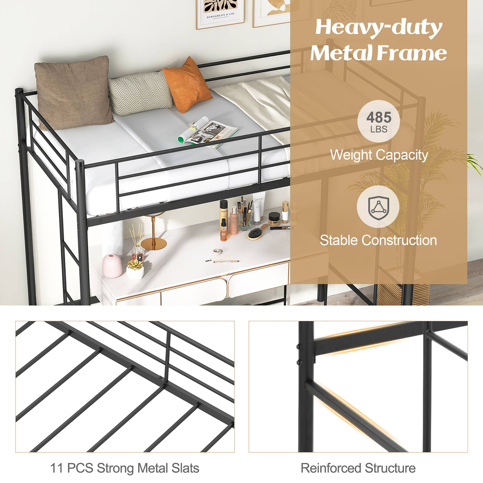 Heavy-duty Metal Frame
485 LBS Weight Capacity
Stable Construction
11 PCS Strong Metal Slats
Reinforced Structure