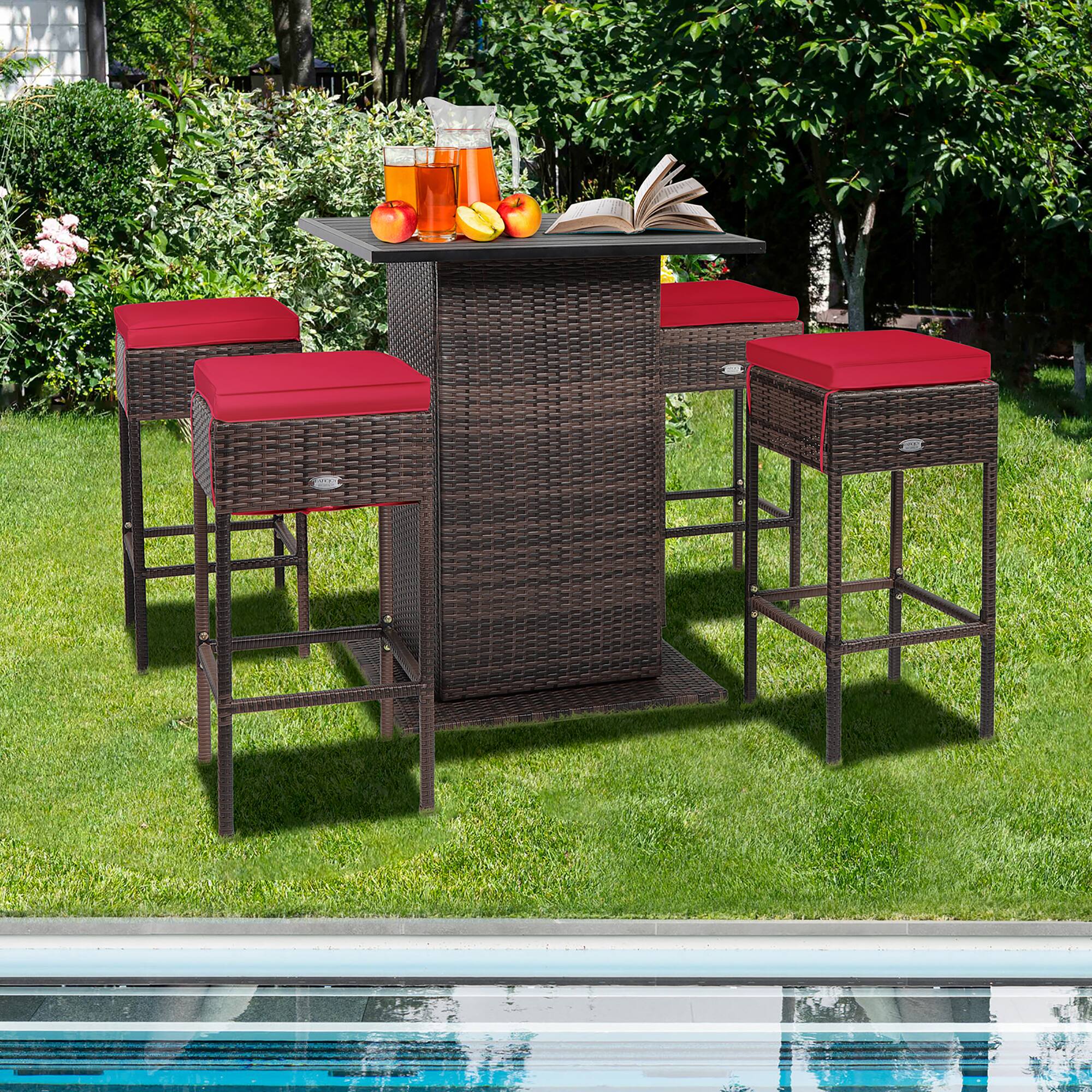 Alt View 3. Gymax - Gymax 5PCS Patio Bar Set Rattan Bar Furniture Set w/ Table & 4 Cushioned Stools Red - Red.