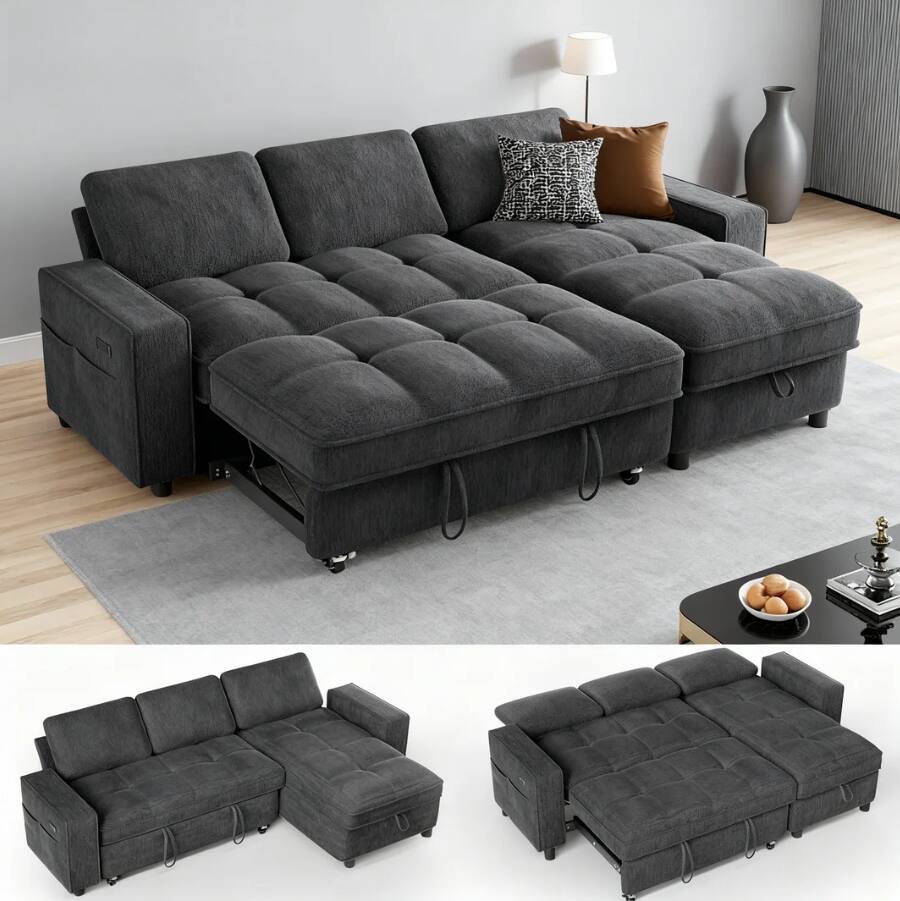 Dyonery - 81" L Shaped Couch Sleeper Sofa, Pull Out Couch with Reclining Backrest, Reversible Storage Chaise, USB Ports - Gray