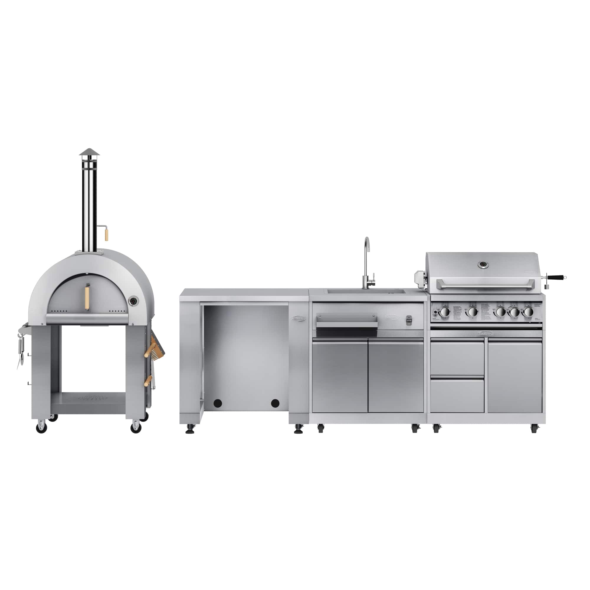 Koolmore - Outdoor Modular Kitchen with a Wood Fire Pizza Oven, Refrigerator and Cabinet, Sink, 30 in. BBQ Grill and Grill Cabinet - Stainless Steel