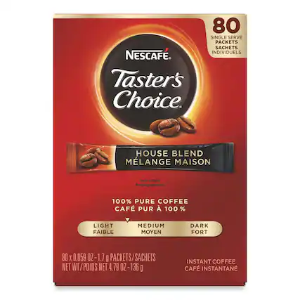 80 SINGLE SERVE PACKETS SACHETS INDIVIDUELS NESCAFÉ Taster's Choice HOUSE BLEND MÉLANGE MAISON Push To Open Pressez pour ouvrir 100% PURE COFFEE CAFÉ PUR 100% LIGHT FAIBLE MEDIUM MOYEN DARK FORT 80 x 0.059 OZ-1.7 g PACKETS/SACHETS NET WT/POIDS NET 4.79 OZ-136 g INSTANT COFFEE CAFÉ INSTANTANÉ