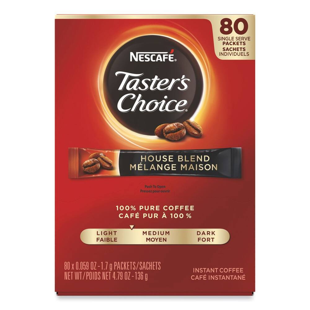 80 SINGLE SERVE PACKETS SACHETS INDIVIDUELS NESCAFÉ Taster's Choice HOUSE BLEND MÉLANGE MAISON Push To Open Pressez pour ouvrir 100% PURE COFFEE CAFÉ PUR 100% LIGHT FAIBLE MEDIUM MOYEN DARK FORT 80 x 0.059 OZ-1.7 g PACKETS/SACHETS NET WT/POIDS NET 4.79 OZ-136 g INSTANT COFFEE CAFÉ INSTANTANÉ