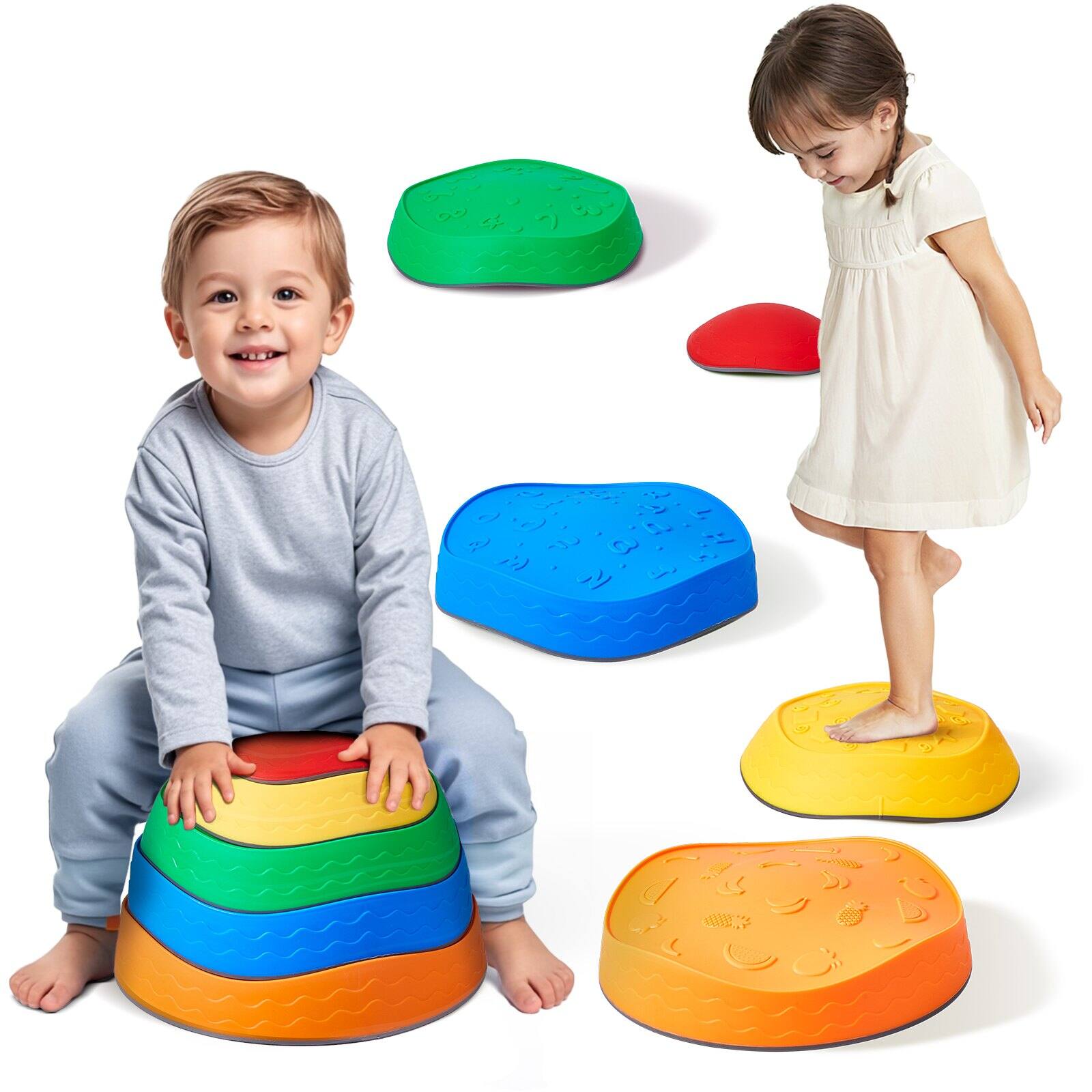 Front. Glintex - Balance Stepping Stones for Kids 5PCS, Non-Slip Sensory Stones Up to 220lbs, Indoor Outdoor Coordination Game - Classic Multi-Color.